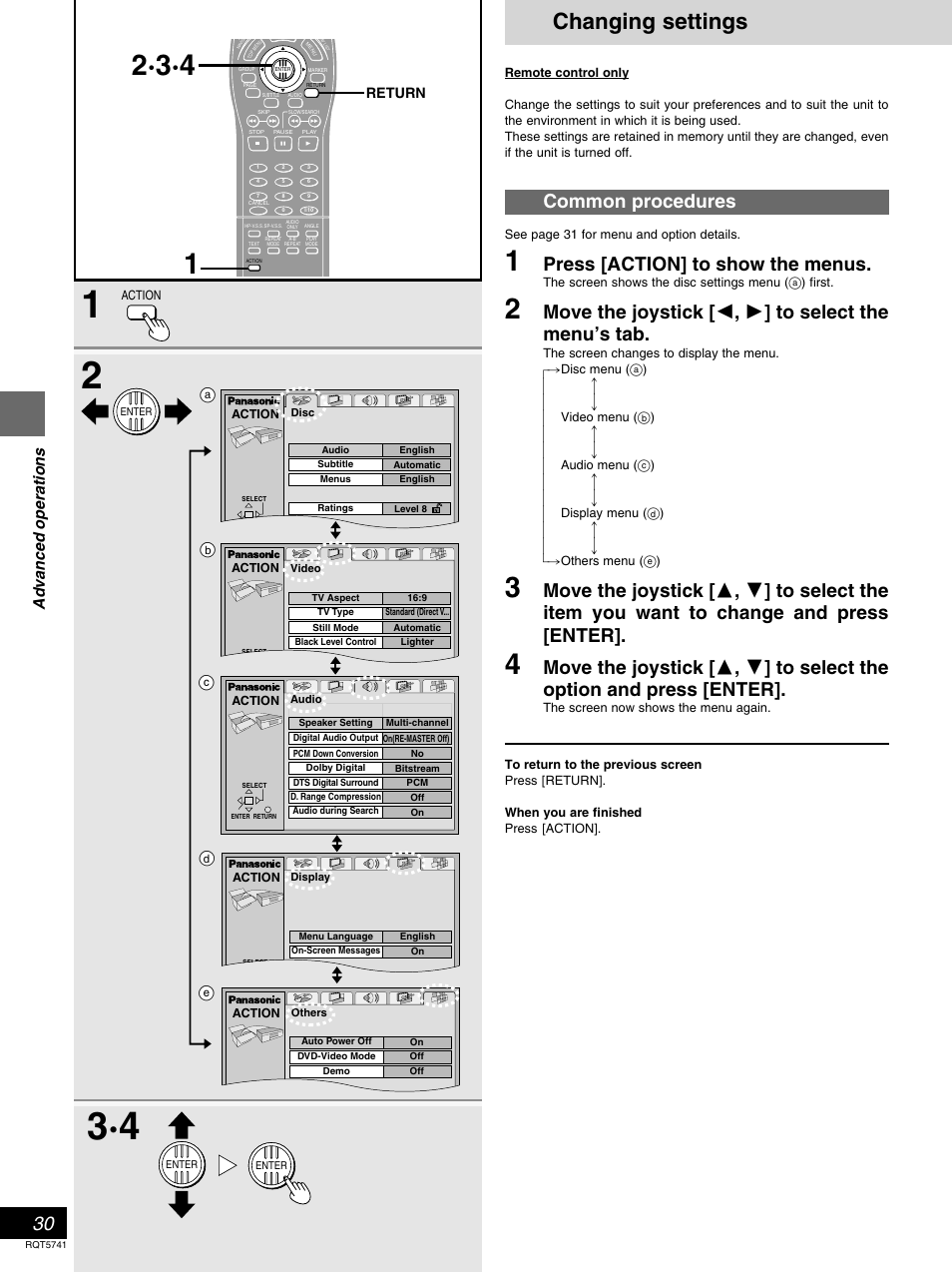 Changing settings, Common procedures, Press [action] to show the menus | Advanced operations, Ab c d e, Return | Panasonic DVD-H2000 User Manual | Page 30 / 88