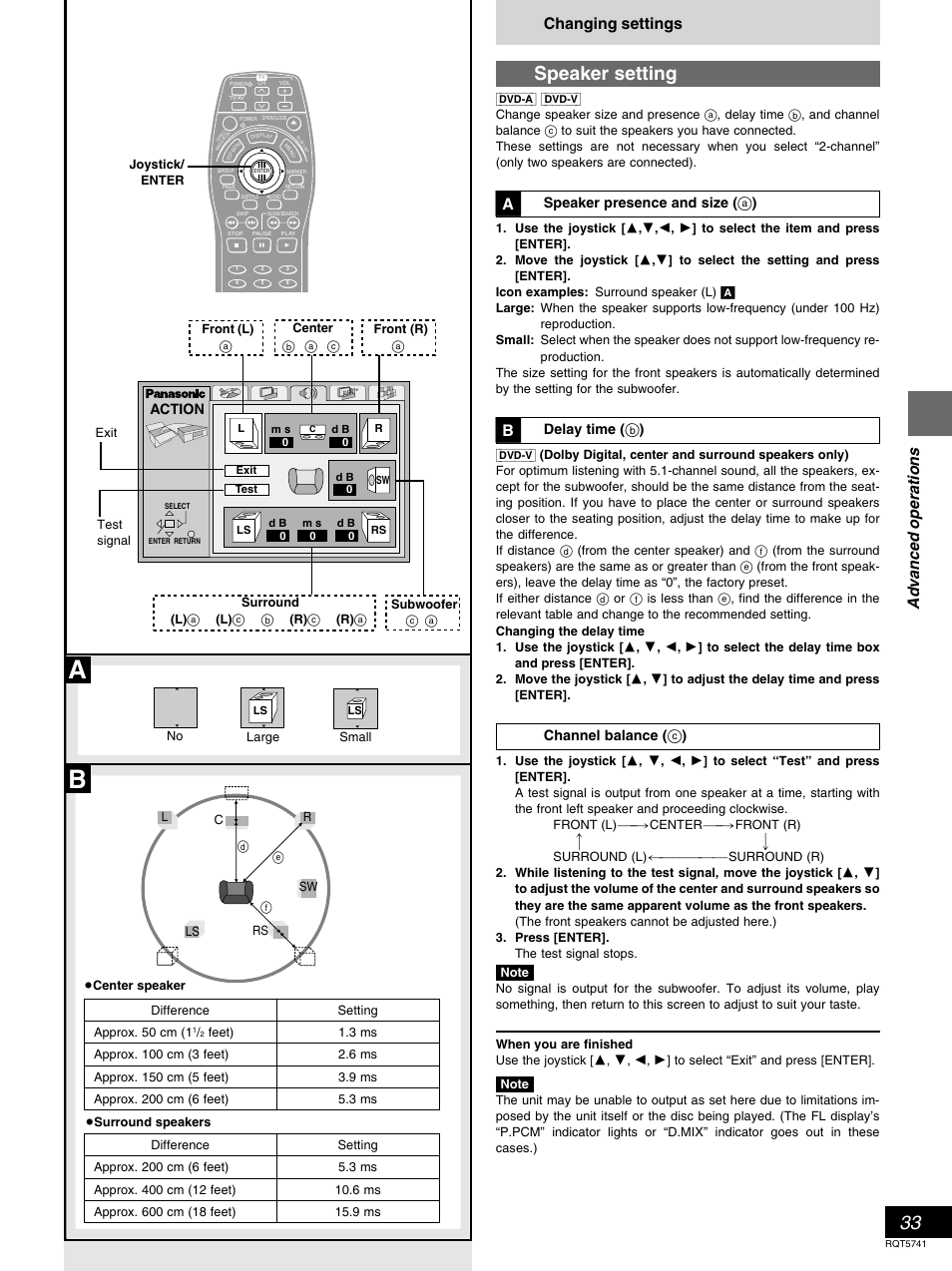 Speaker setting, Advanced operations, Changing settings | Action, Speaker presence and size ( = ), Delay time ( > ), Channel balance ( ? ) | Panasonic DVD-H2000 User Manual | Page 33 / 88