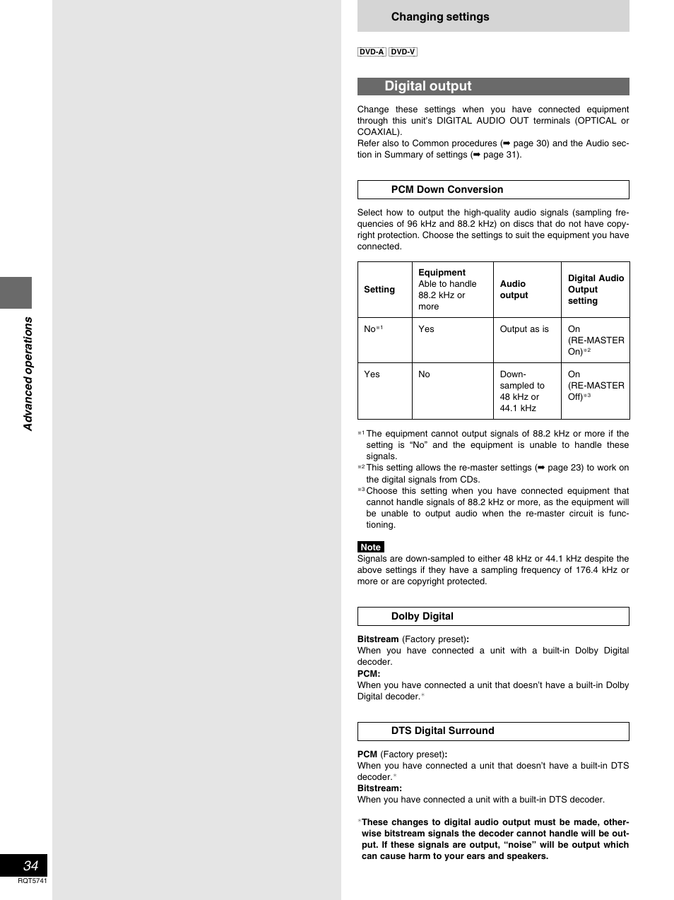 Digital output, Advanced operations, Changing settings | Panasonic DVD-H2000 User Manual | Page 34 / 88