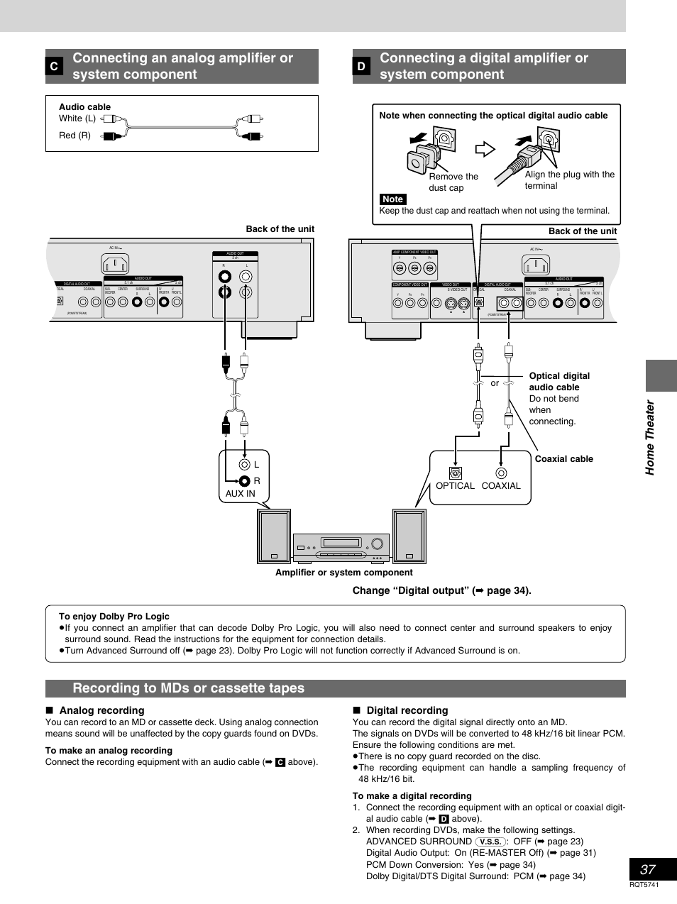 Connecting an analog amplifier or system component, Home theater, º digital recording | º analog recording, Change “digital output” ( ➡ page 34) | Panasonic DVD-H2000 User Manual | Page 37 / 88