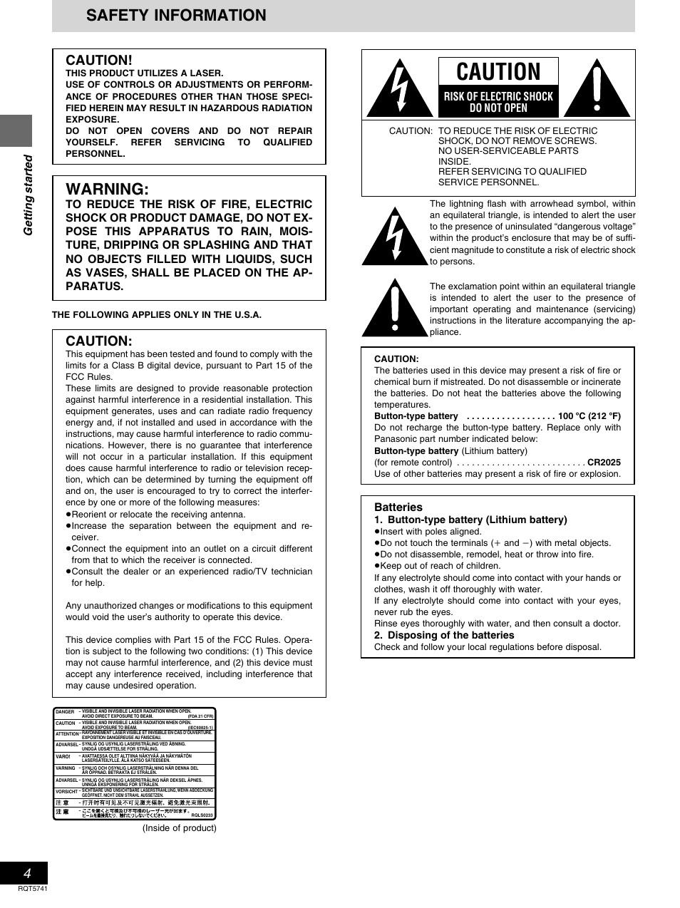 Safety information, Warning, Caution | Getting started, Risk of electric shock do not open, Batteries | Panasonic DVD-H2000 User Manual | Page 4 / 88
