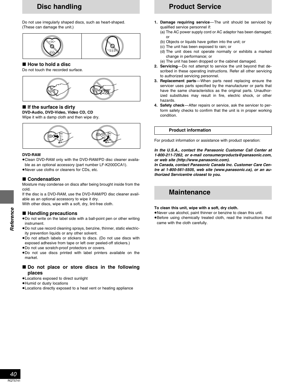 Disc handling, Product service, Maintenance | Panasonic DVD-H2000 User Manual | Page 40 / 88