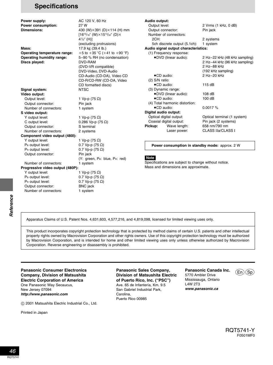 Specifications, Reference | Panasonic DVD-H2000 User Manual | Page 46 / 88