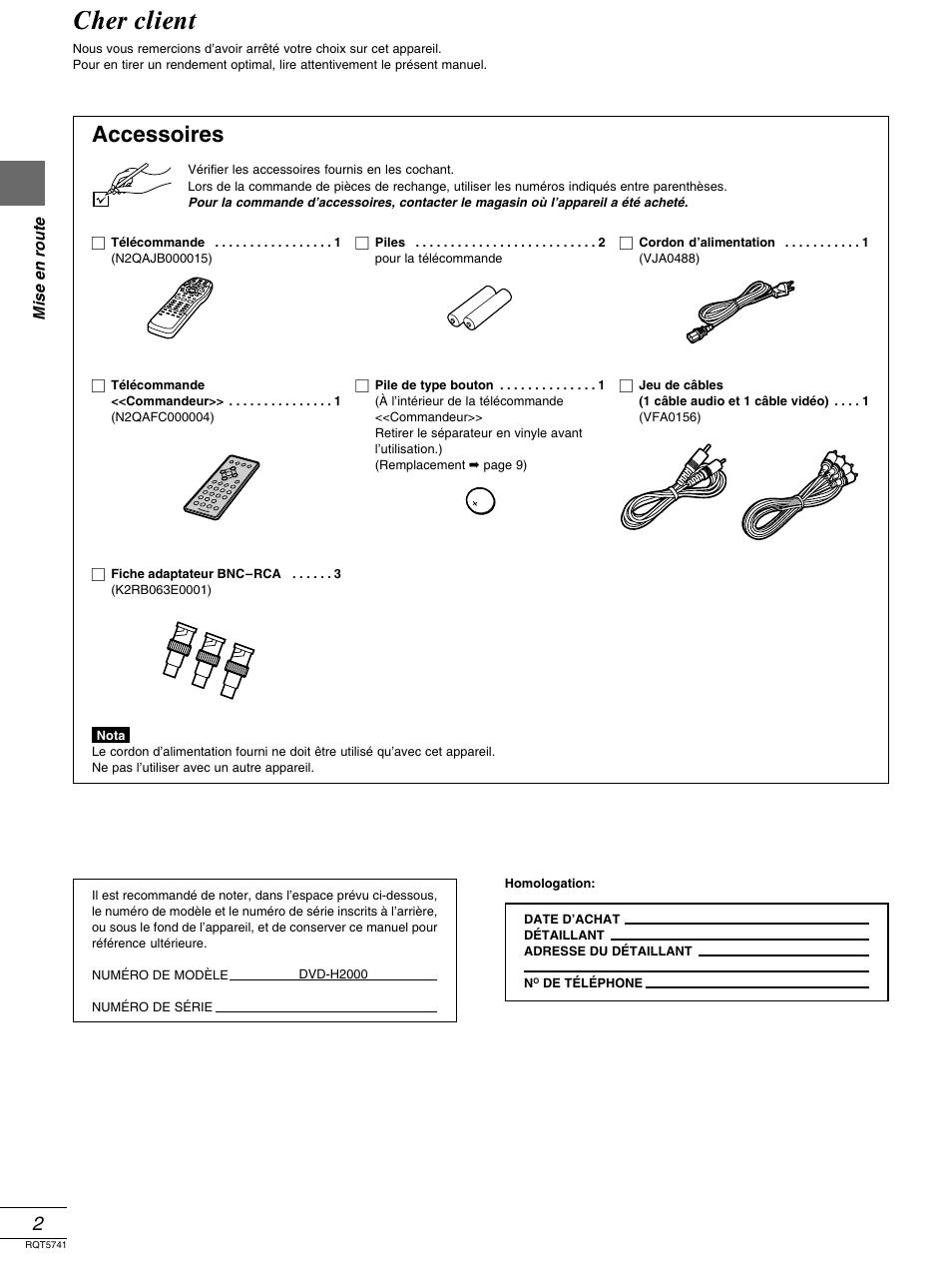 Mise en route, Accessoires, Cher client | Panasonic DVD-H2000 User Manual | Page 48 / 88