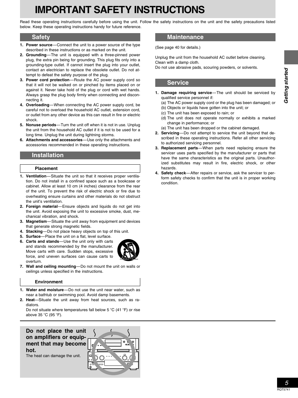 Important safety instructions, Safety, Installation | Maintenance, Service | Panasonic DVD-H2000 User Manual | Page 5 / 88