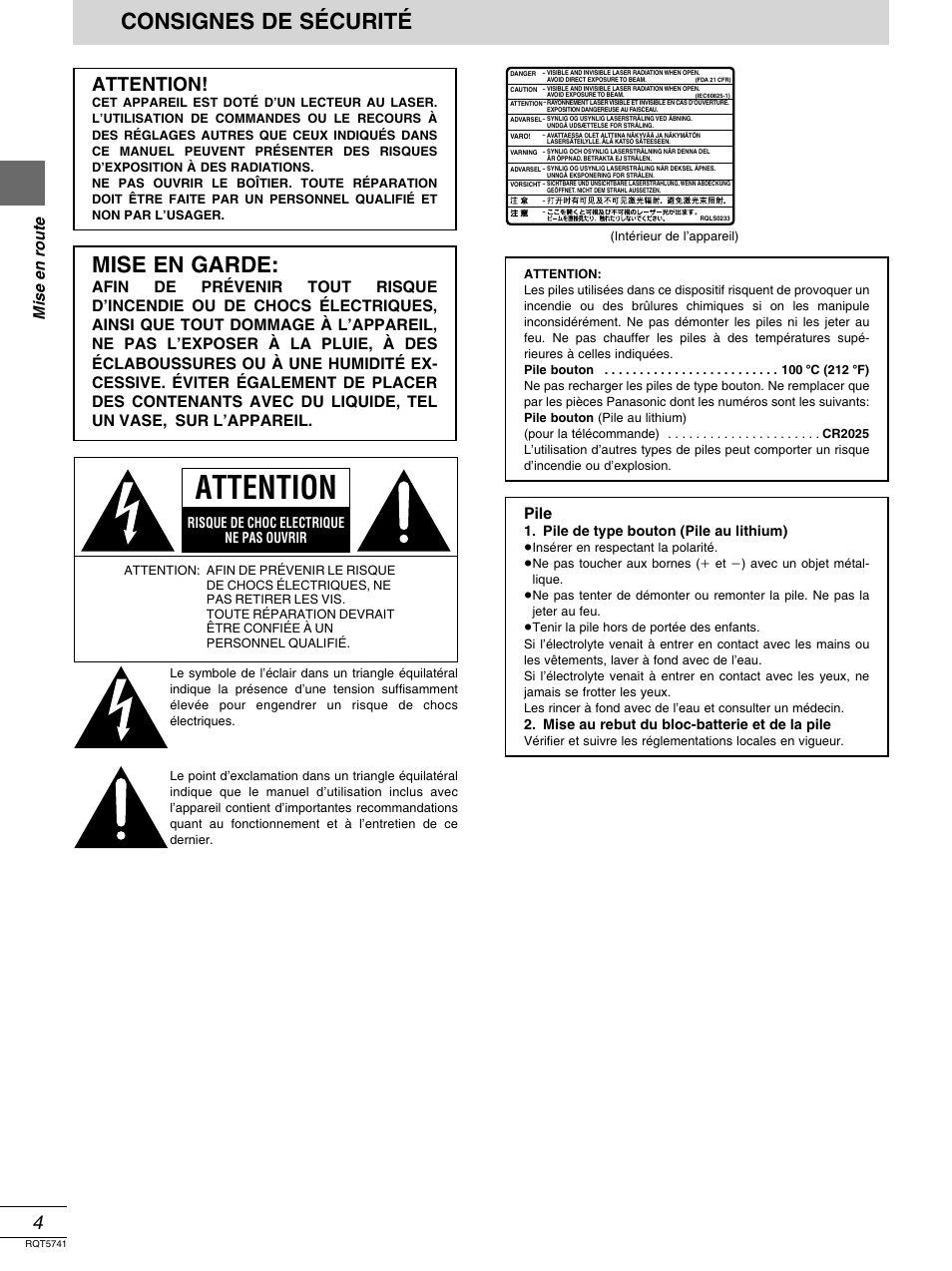 Consignes de securite, Attention, Consignes de sécurité | Mise en garde, Mise en route, Pile, Risque de choc electrique ne pas ouvrir, Pile de type bouton (pile au lithium), Mise au rebut du bloc-batterie et de la pile | Panasonic DVD-H2000 User Manual | Page 50 / 88