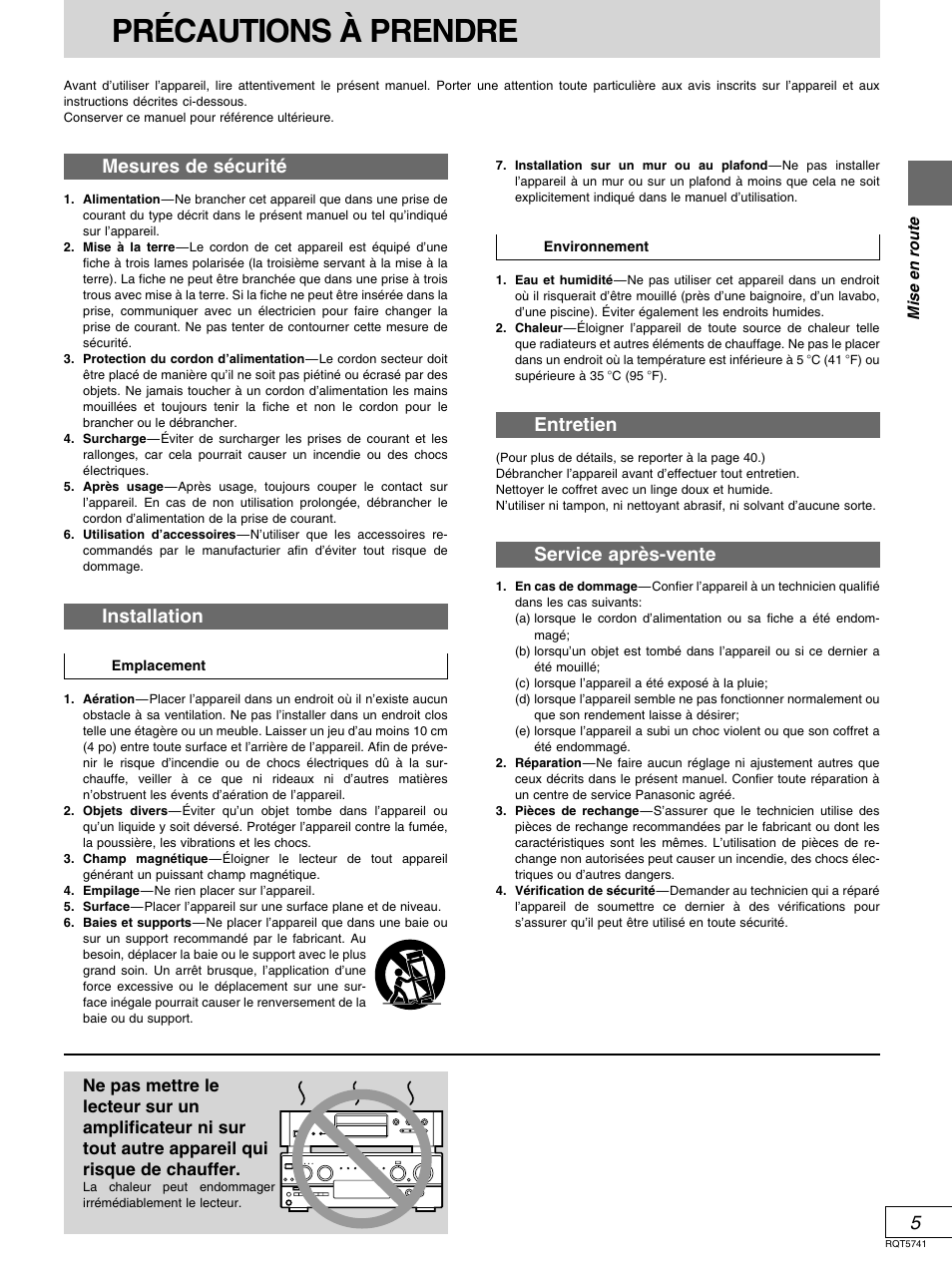 Precautions a prendre, Précautions à prendre, Mesures de sécurité | Installation, Entretien, Service après-vente | Panasonic DVD-H2000 User Manual | Page 51 / 88