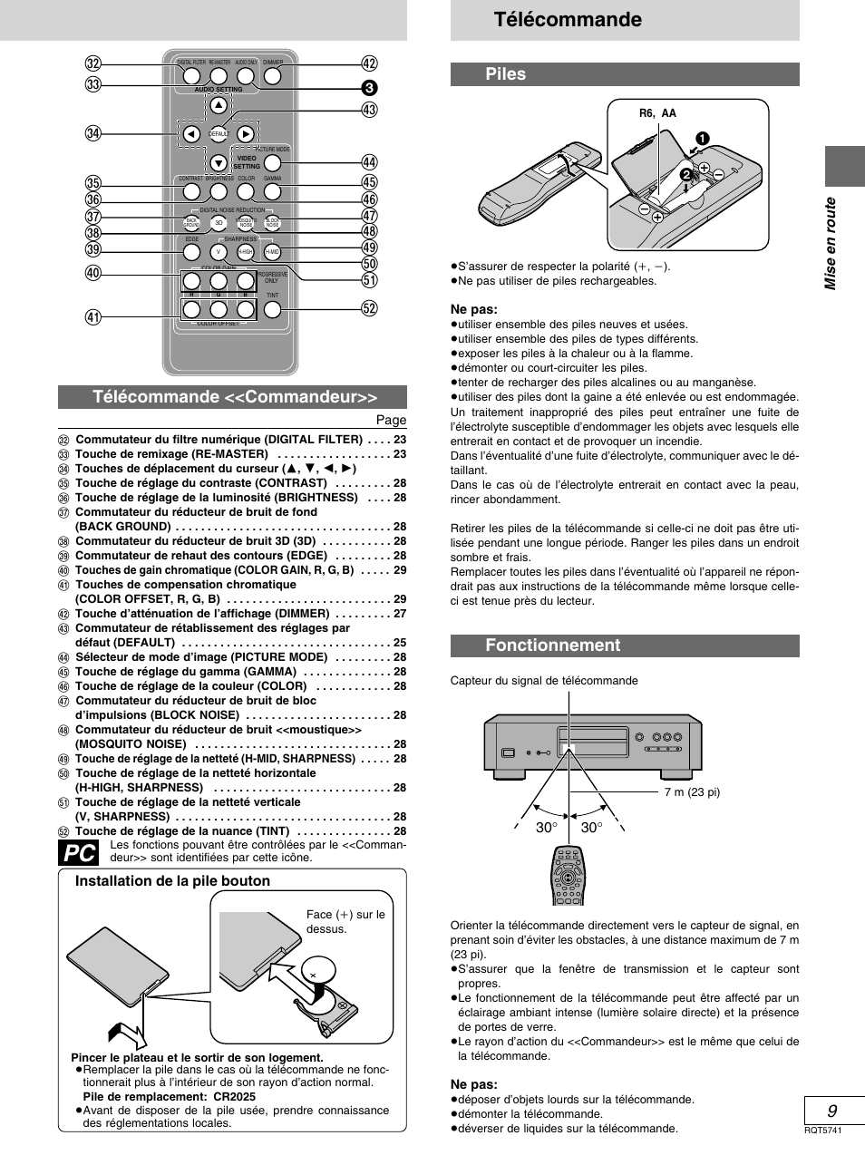 Telecommande, Télécommande, Piles | Fonctionnement, Mise en route, Installation de la pile bouton | Panasonic DVD-H2000 User Manual | Page 55 / 88