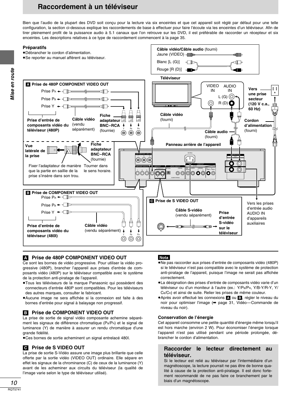 Raccordement a un televiseur, Raccordement à un téléviseur, Raccorder le lecteur directement au téléviseur | Mise en route, A] prise de 480p component video out, B] prise de component video out, C] prise de s video out, Préparatifs, Conservation de l’énergie | Panasonic DVD-H2000 User Manual | Page 56 / 88