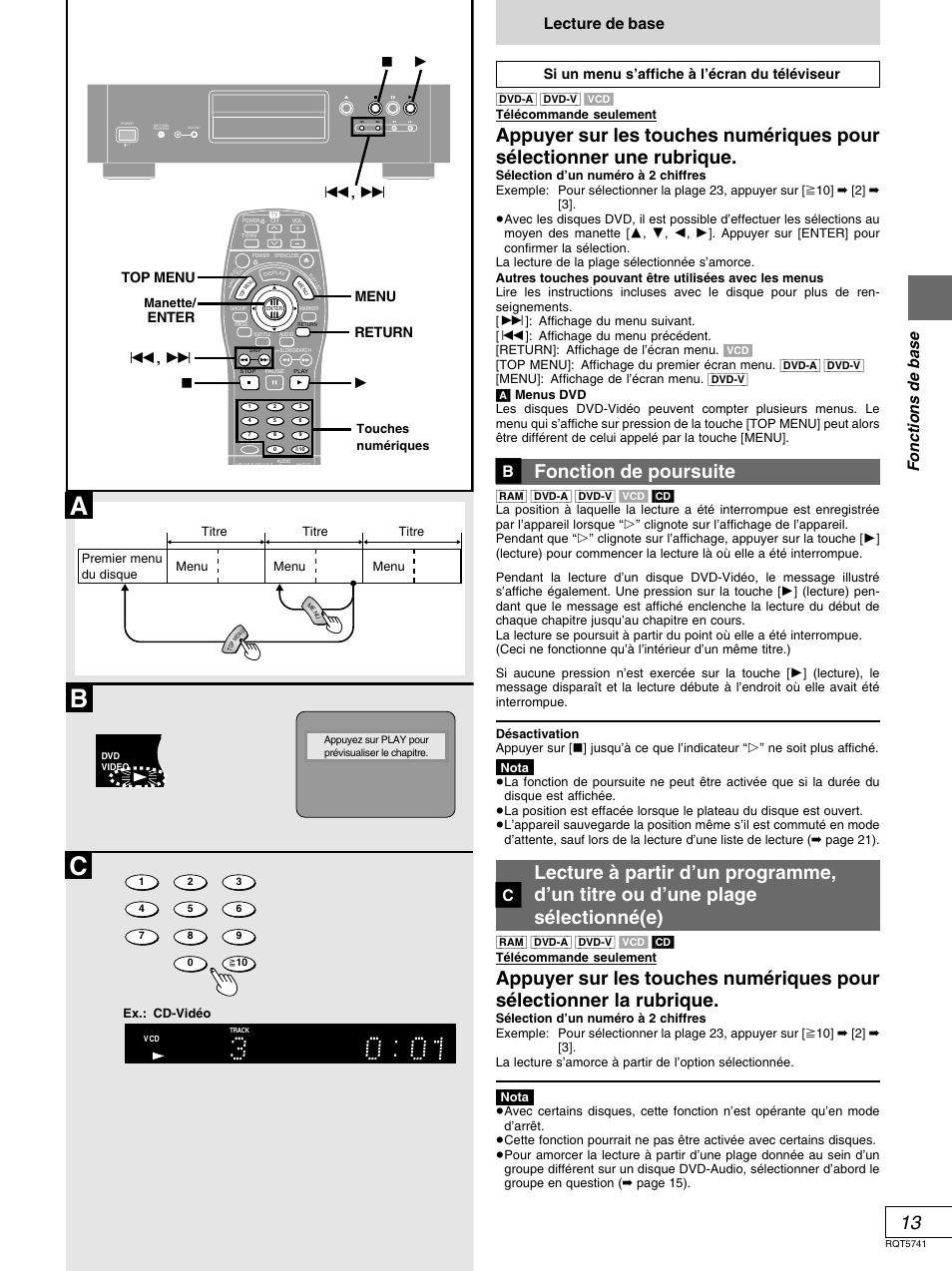 Fonction de poursuite, Fonctions de base, Lecture de base | Menu return top menu enter ∫ 1 : , 9, Si un menu s’affiche à l’écran du téléviseur | Panasonic DVD-H2000 User Manual | Page 59 / 88