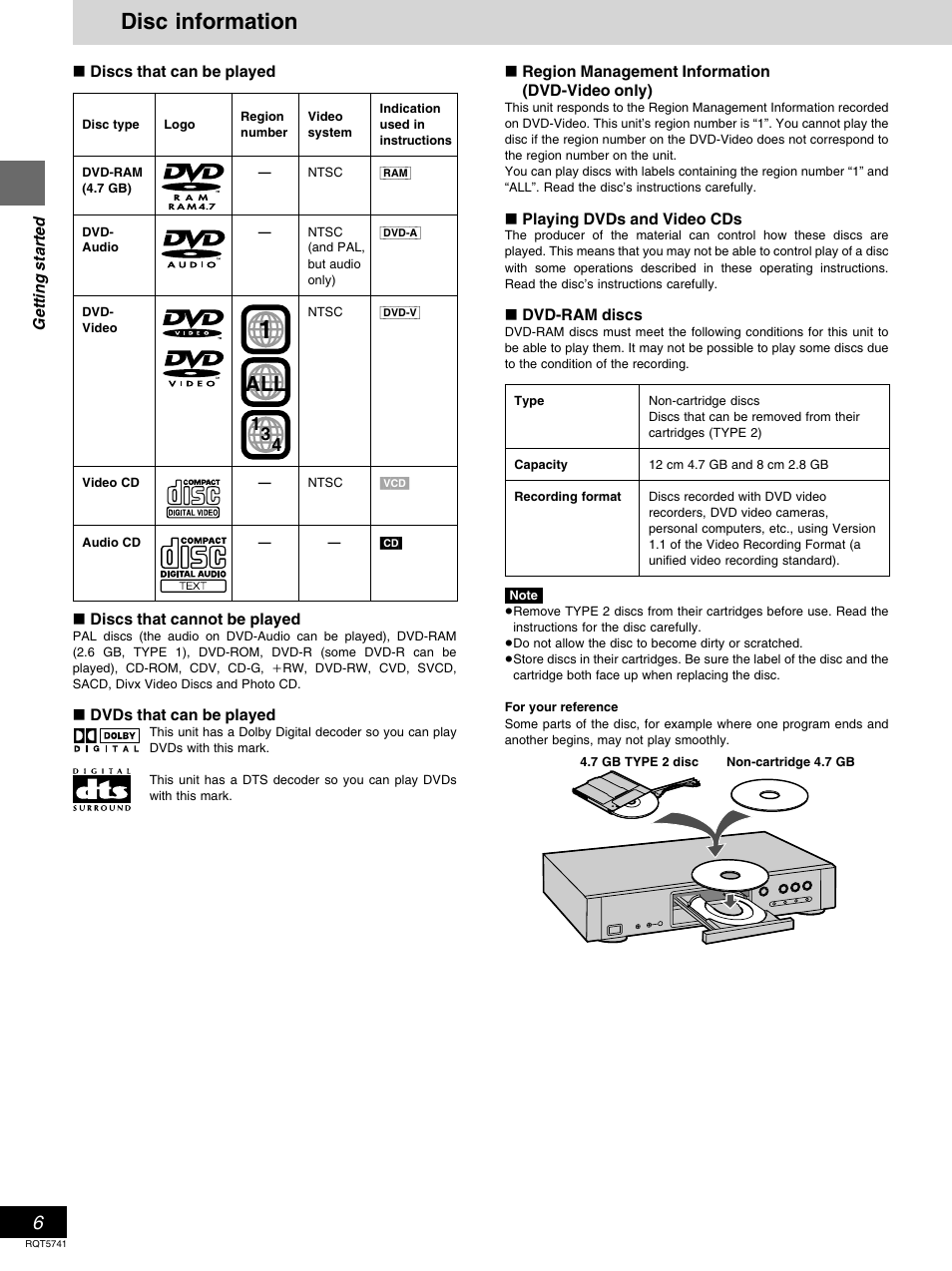 Disc information | Panasonic DVD-H2000 User Manual | Page 6 / 88