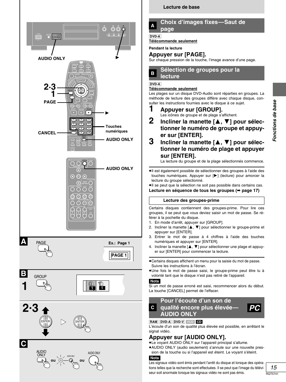 Bc a, Choix d’images fixes—saut de page, Appuyer sur [page | Sélection de groupes pour la lecture, Appuyer sur [group, Appuyer sur [audio only, Fonctions de base, Lecture de base, Page 1, 1audio only | Panasonic DVD-H2000 User Manual | Page 61 / 88