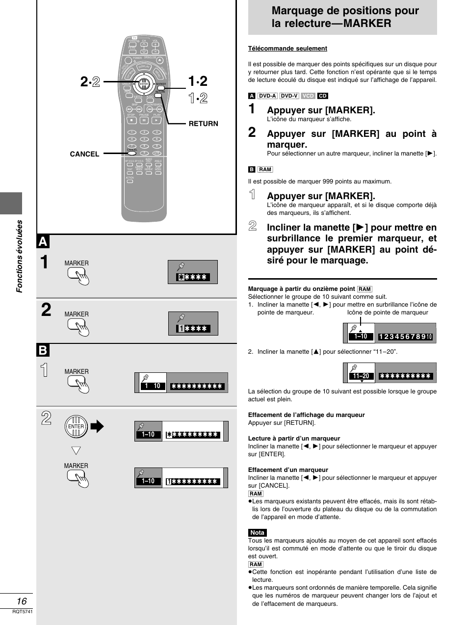 Fonctions evoluees, Marquage de positions pour la relecture-marker, Marquage de positions pour la relecture—marker | Appuyer sur [marker, Appuyer sur [marker] au point à marquer, Fonctions é volu é es | Panasonic DVD-H2000 User Manual | Page 62 / 88