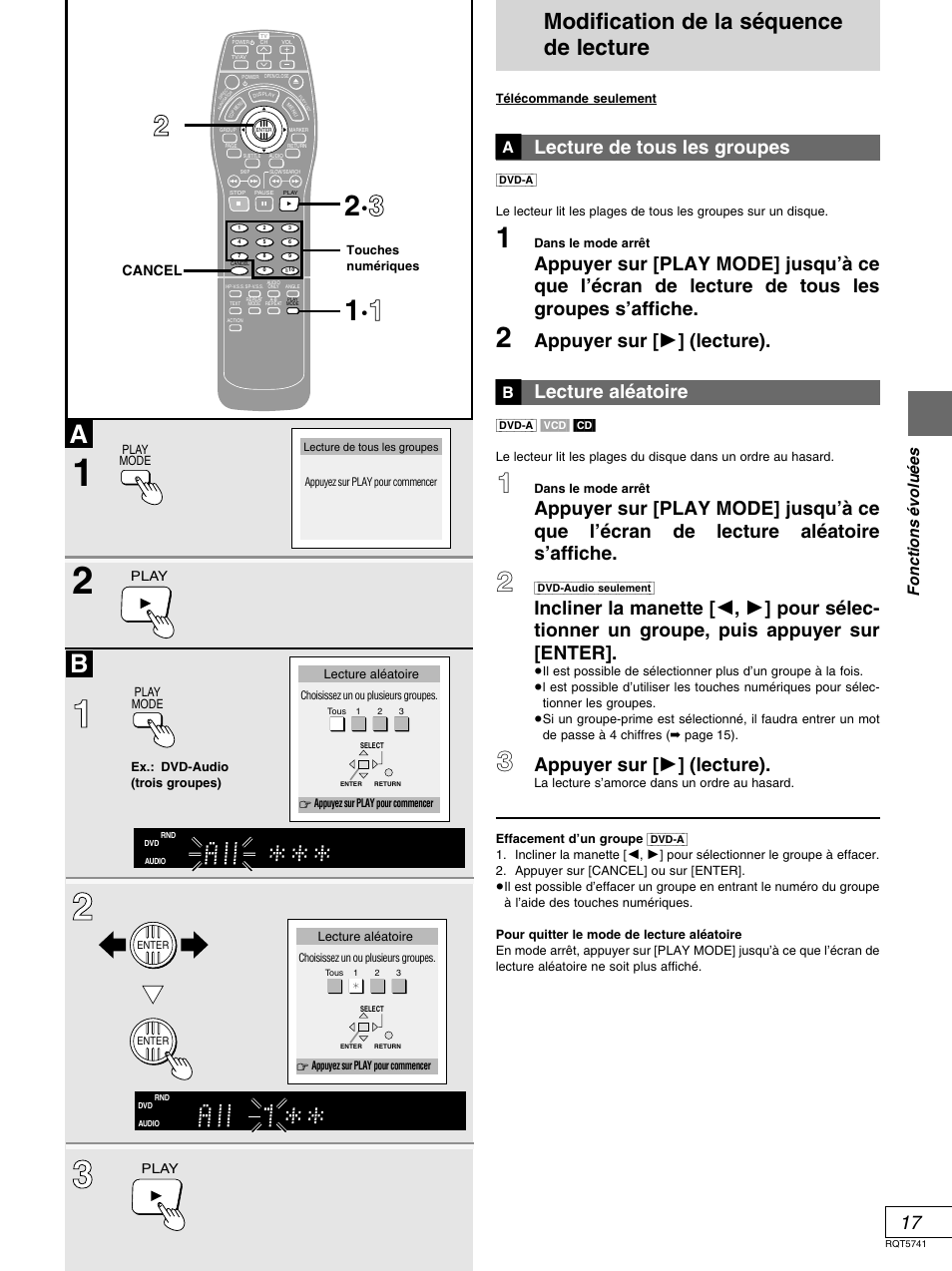 Modification de la sequence de lecture, Modification de la séquence de lecture, Lecture de tous les groupes | Appuyer sur [ 1 ] (lecture), Lecture aléatoire, Appuyer sur [  ] (lecture), Fonctions é volu é es | Panasonic DVD-H2000 User Manual | Page 63 / 88