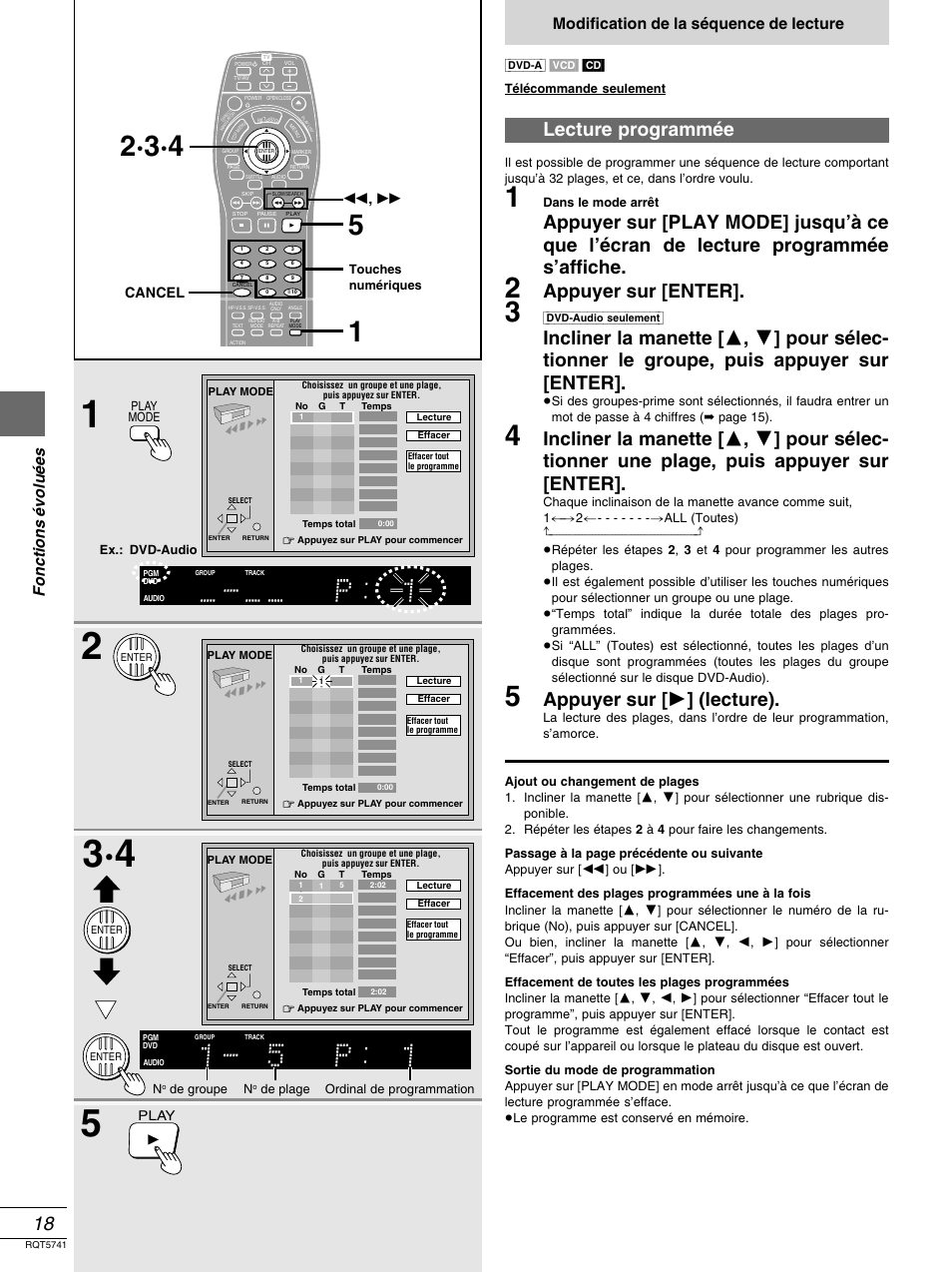 Lecture programmée, Appuyer sur [enter, Appuyer sur [ 1 ] (lecture) | Fonctions é volu é es, Modification de la séquence de lecture, Cancel | Panasonic DVD-H2000 User Manual | Page 64 / 88