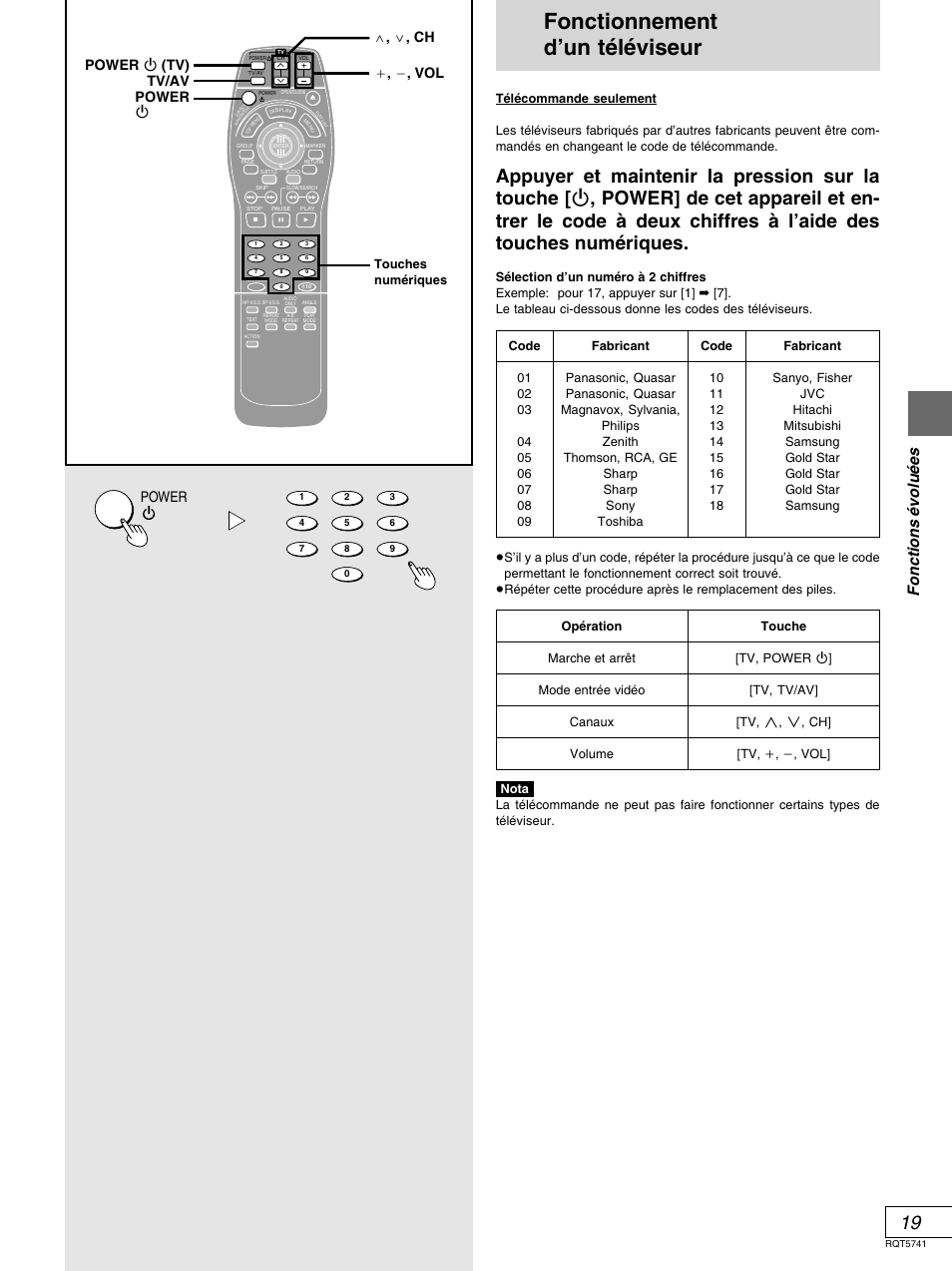 Fonctionnement d'un televiseur, Fonctionnement d’un téléviseur, Fonctions é volu é es | Power, Tv/av w , x , ch _ , ` , vol power í power í (tv), Touches numériques | Panasonic DVD-H2000 User Manual | Page 65 / 88