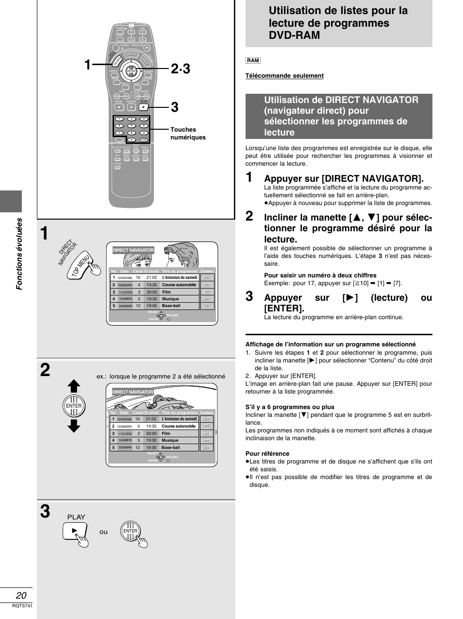 Appuyer sur [direct navigator, Appuyer sur [ 1 ] (lecture) ou [enter, Fonctions é volu é es | Play ou | Panasonic DVD-H2000 User Manual | Page 66 / 88