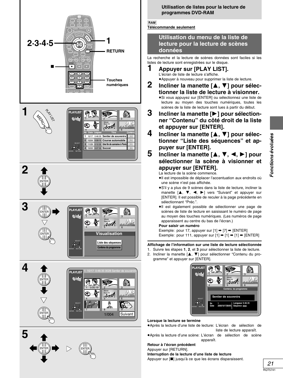 Appuyer sur [play list, Fonctions é volu é es, Return | Visualisation | Panasonic DVD-H2000 User Manual | Page 67 / 88