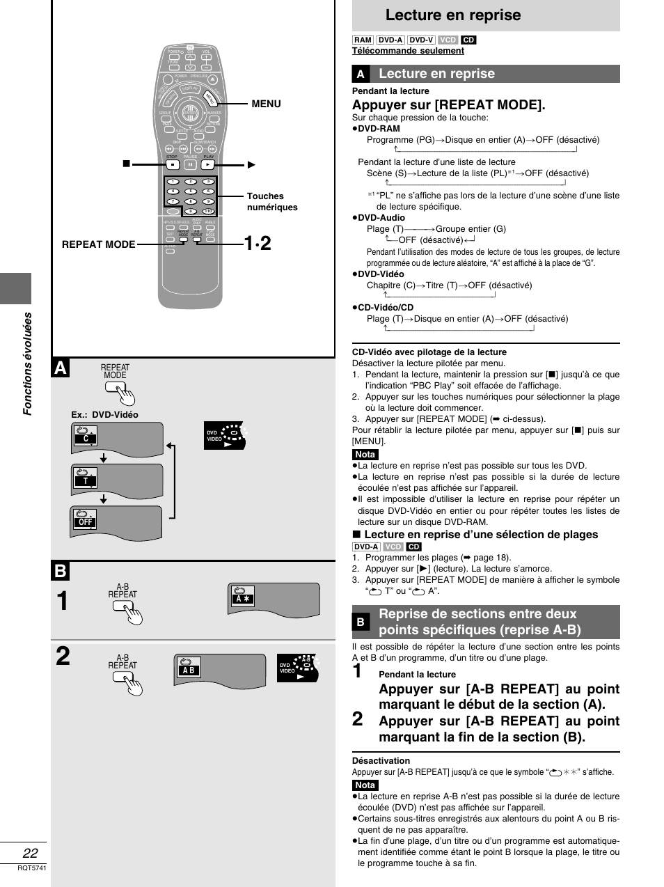 Lecture en reprise, Appuyer sur [repeat mode, Fonctions é volu é es | º lecture en reprise d’une sélection de plages, Repeat mode menu ∫ 1 | Panasonic DVD-H2000 User Manual | Page 68 / 88