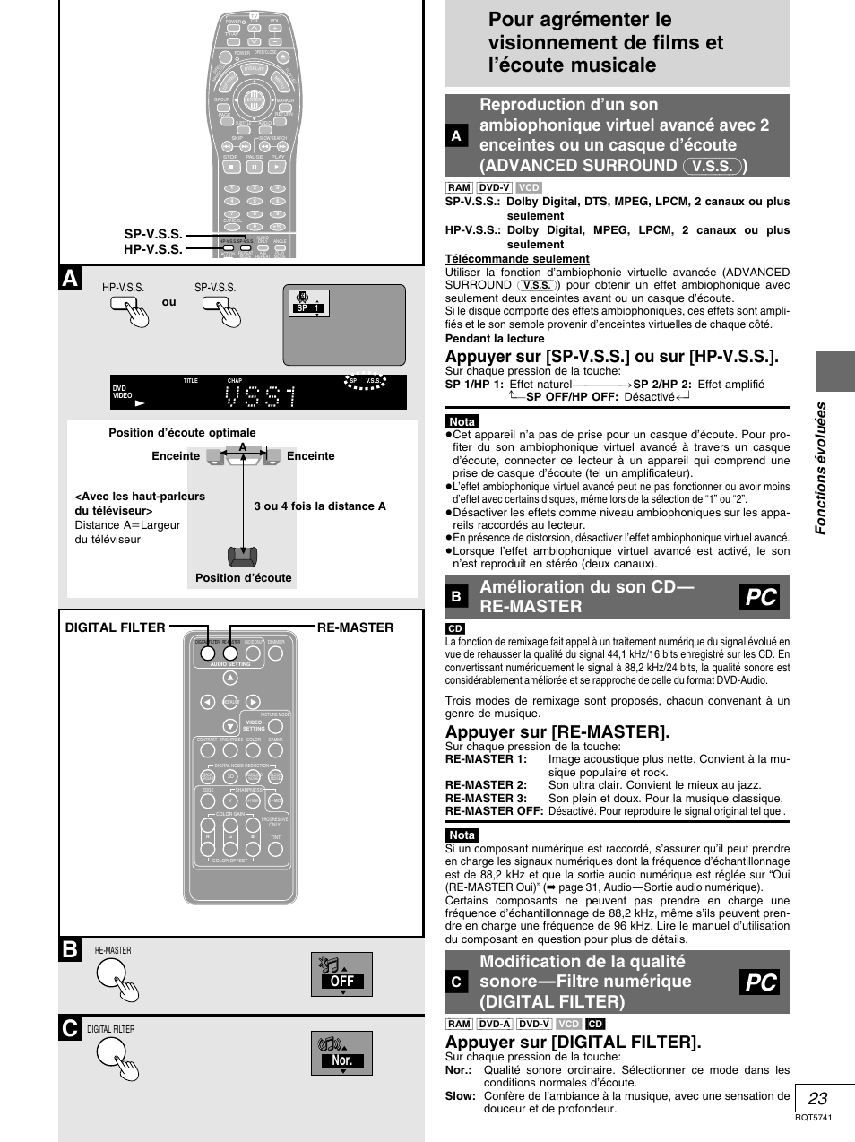 Ab c, Appuyer sur [sp-v.s.s.] ou sur [hp-v.s.s, Amélioration du son cd— re-master | Appuyer sur [re-master, Appuyer sur [digital filter, Fonctions é volu é es, Nor. off, Sp-v.s.s. hp-v.s.s, Digital filter re-master | Panasonic DVD-H2000 User Manual | Page 69 / 88