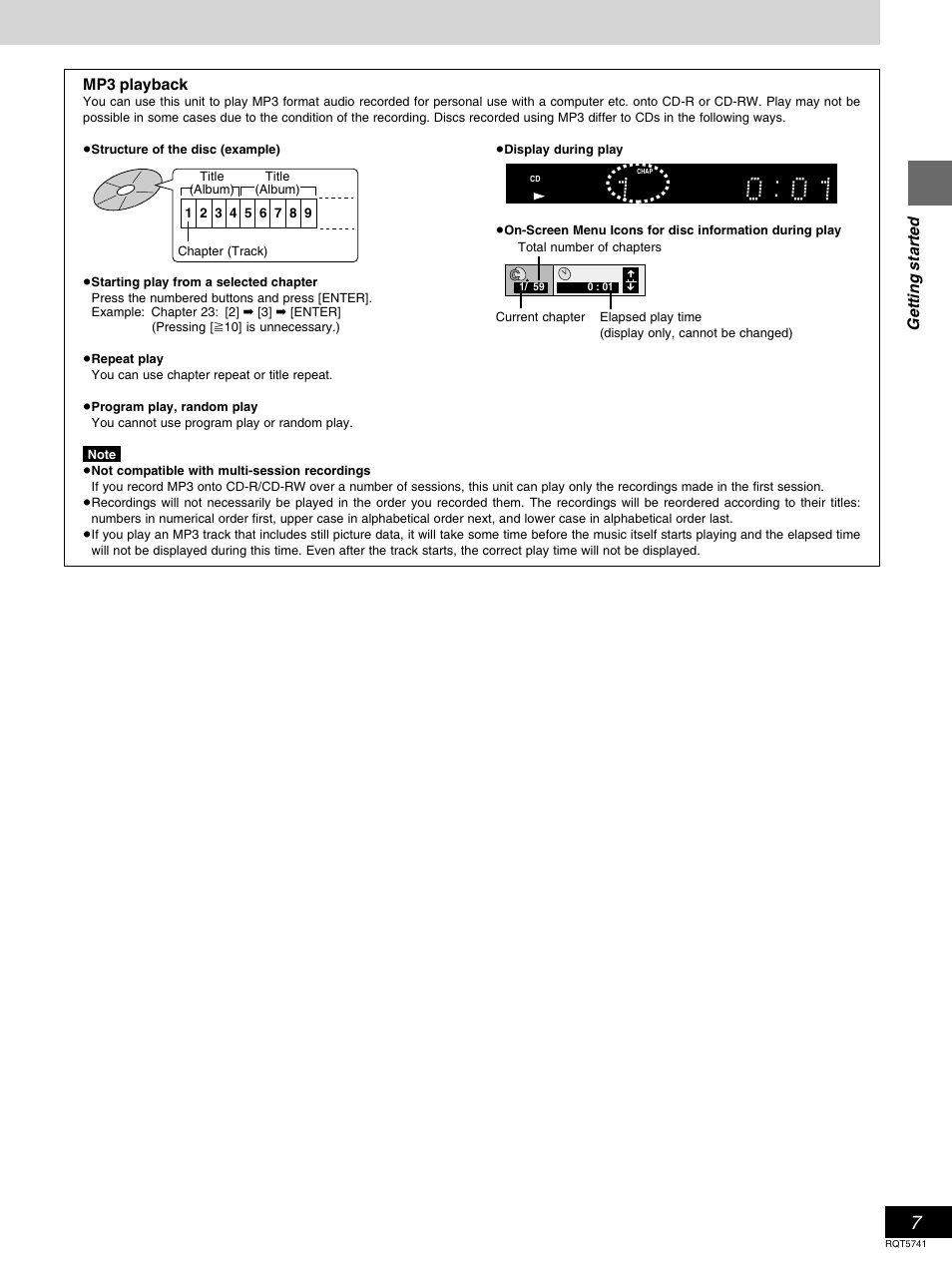 Getting started, Mp3 playback | Panasonic DVD-H2000 User Manual | Page 7 / 88