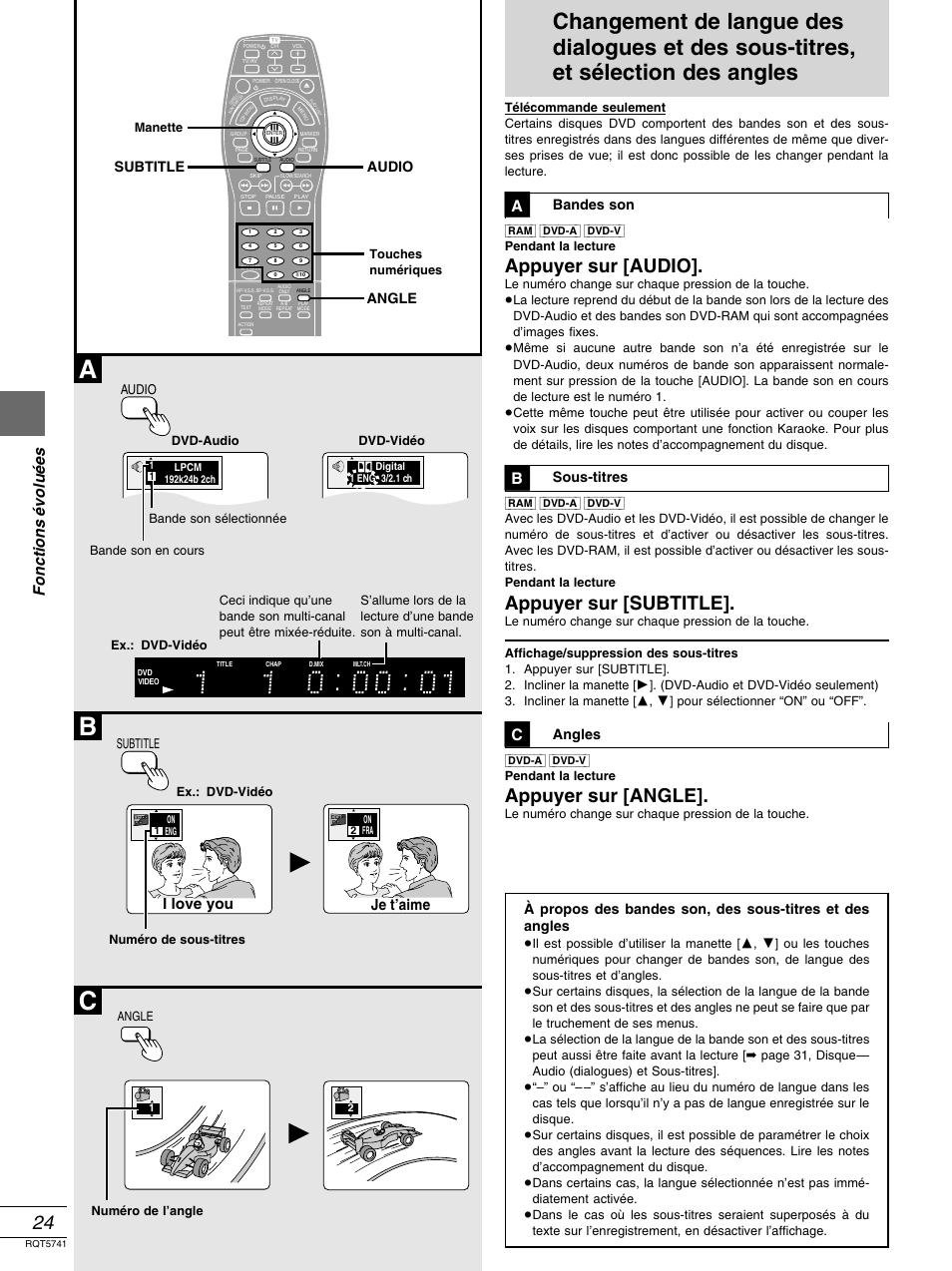 Ab c, Appuyer sur [audio, Appuyer sur [subtitle | Appuyer sur [angle, Fonctions évoluées, I love you je t’aime, Subtitle audio angle, Bandes son, Sous-titres, Angles | Panasonic DVD-H2000 User Manual | Page 70 / 88