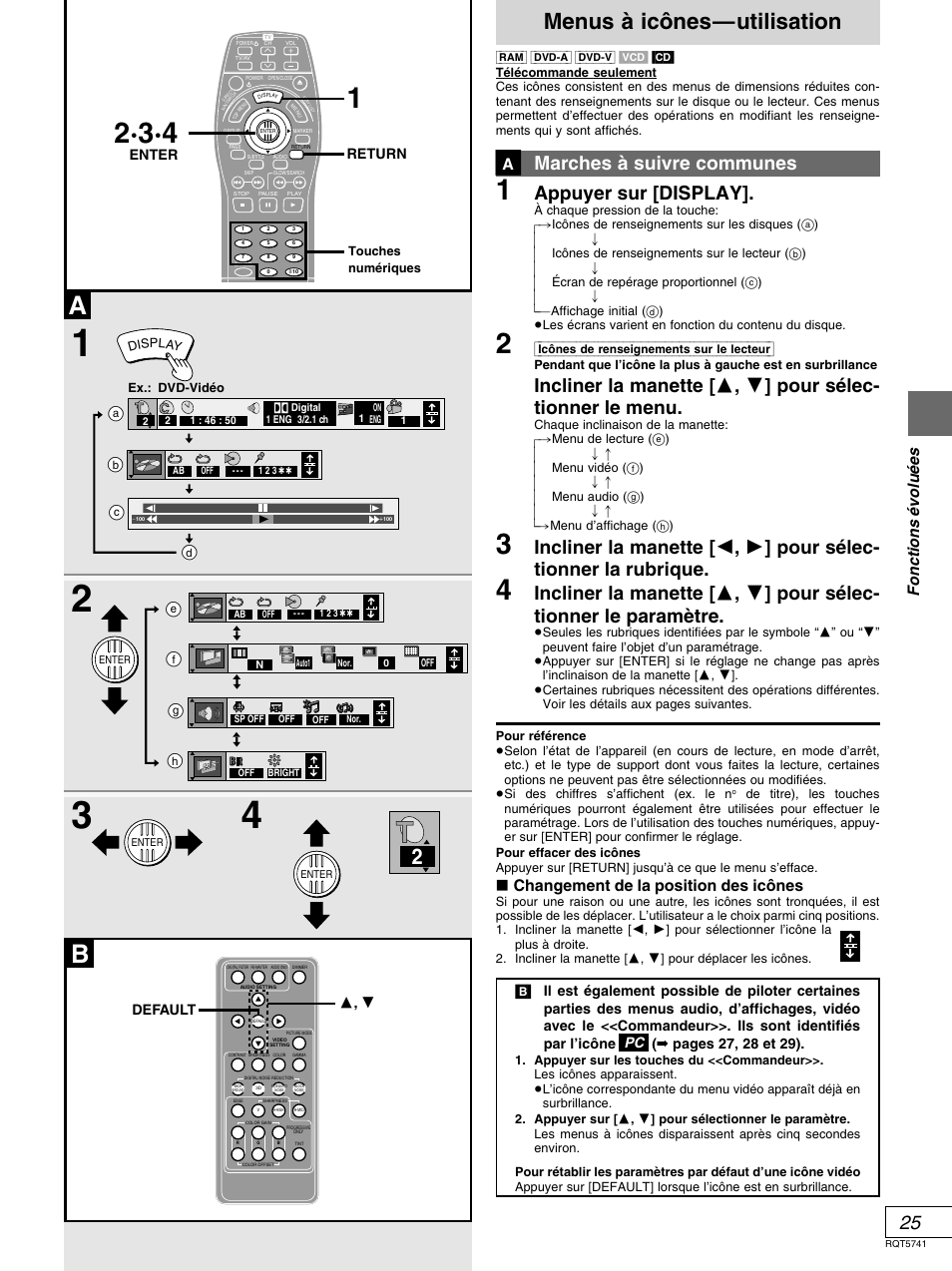 Menus a icones - utilisation, Menus à icônes—utilisation, Marches à suivre communes | Appuyer sur [display, Fonctions é volu é es, º changement de la position des icônes, Default 3 , 4, Enter return, Icônes\de\renseignements\sur\le\lecteur | Panasonic DVD-H2000 User Manual | Page 71 / 88