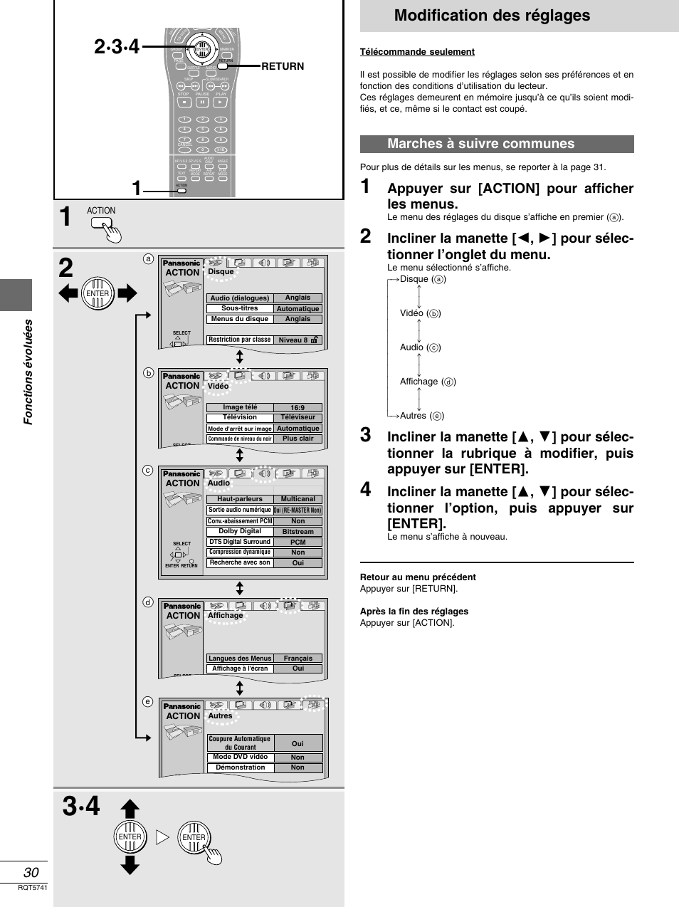 Modification des reglages, Modification des réglages, Marches à suivre communes | Appuyer sur [action] pour afficher les menus, Fonctions é volu é es, Ab c d e, Return | Panasonic DVD-H2000 User Manual | Page 76 / 88