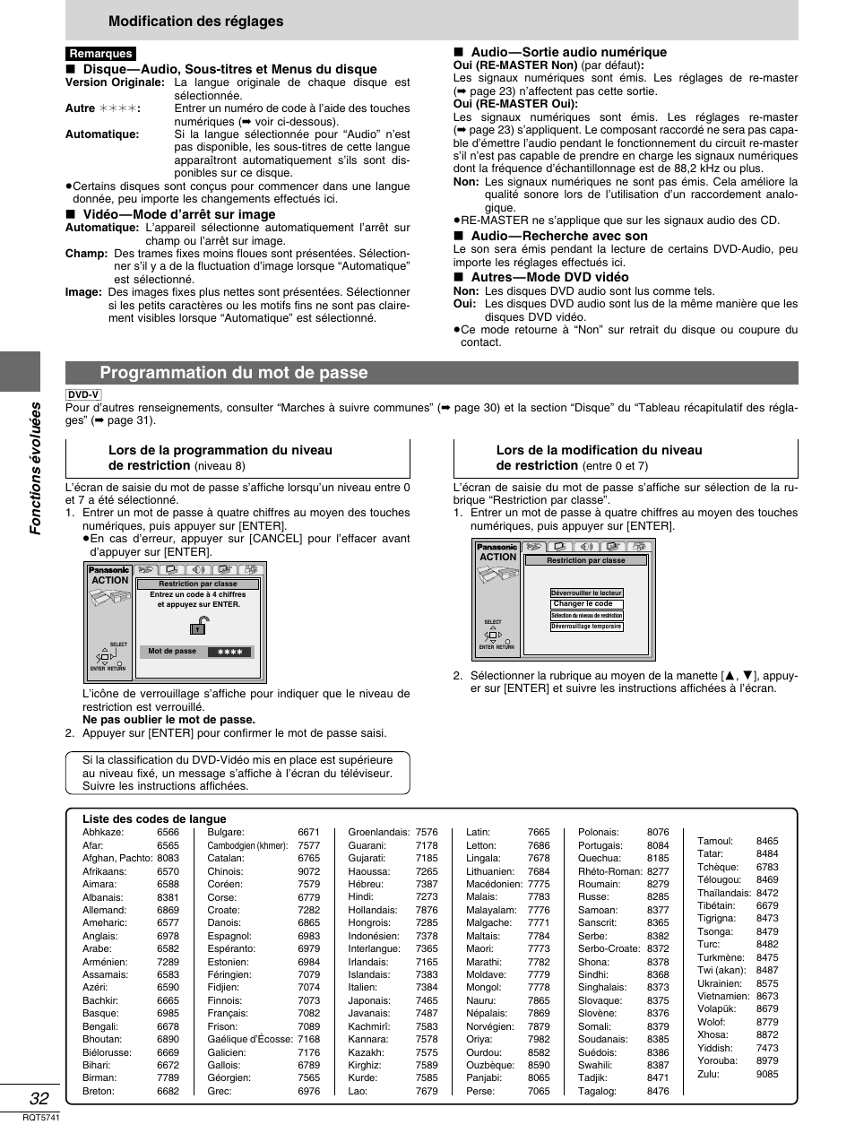 Programmation du mot de passe, Fonctions é volu é es, Modification des réglages | Panasonic DVD-H2000 User Manual | Page 78 / 88