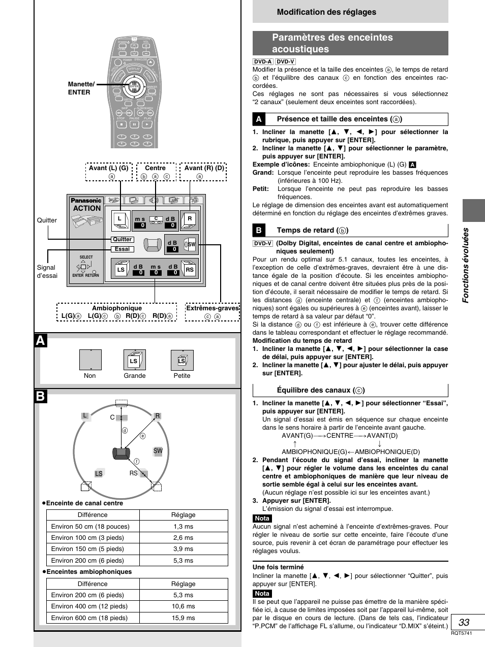 Paramètres des enceintes acoustiques, Fonctions é volu é es, Modification des réglages | Action, Présence et taille des enceintes ( = ), Temps de retard ( > ), Équilibre des canaux ( ? ) | Panasonic DVD-H2000 User Manual | Page 79 / 88