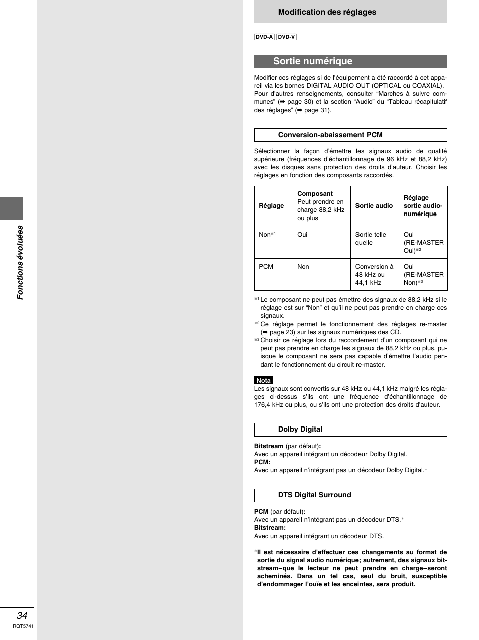 Sortie numérique, Fonctions é volu é es, Modification des réglages | Panasonic DVD-H2000 User Manual | Page 80 / 88