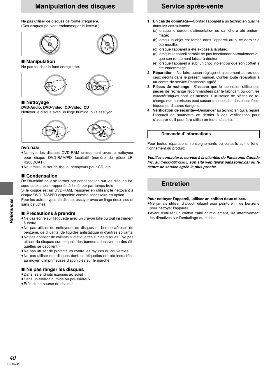 Manipulation des disques, Service apres - vente, Entretien | Service après-vente | Panasonic DVD-H2000 User Manual | Page 86 / 88