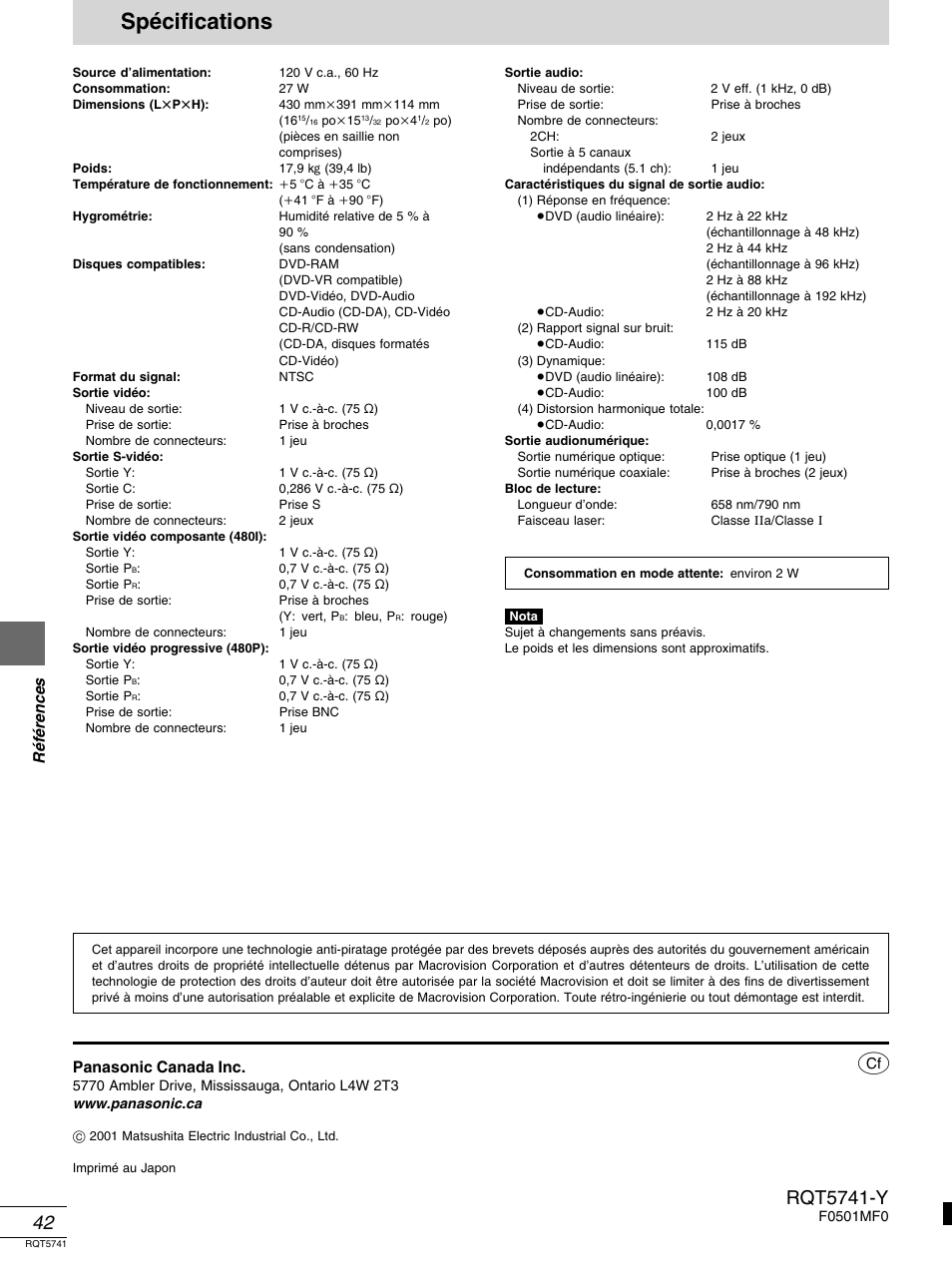 Specifications, Spécifications, Rqt5741-y | Ré fé rences, Panasonic canada inc | Panasonic DVD-H2000 User Manual | Page 88 / 88