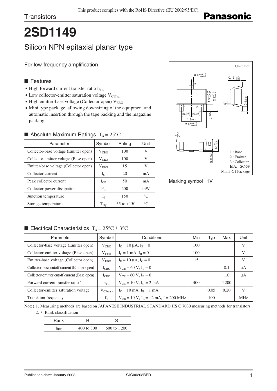 Panasonic 2SD1149 User Manual | 3 pages