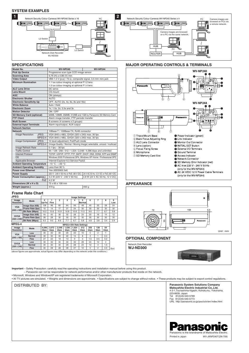 Wj-nd300, Specifications, Distributed by | Panasonic WV-NP240 User Manual | Page 2 / 2