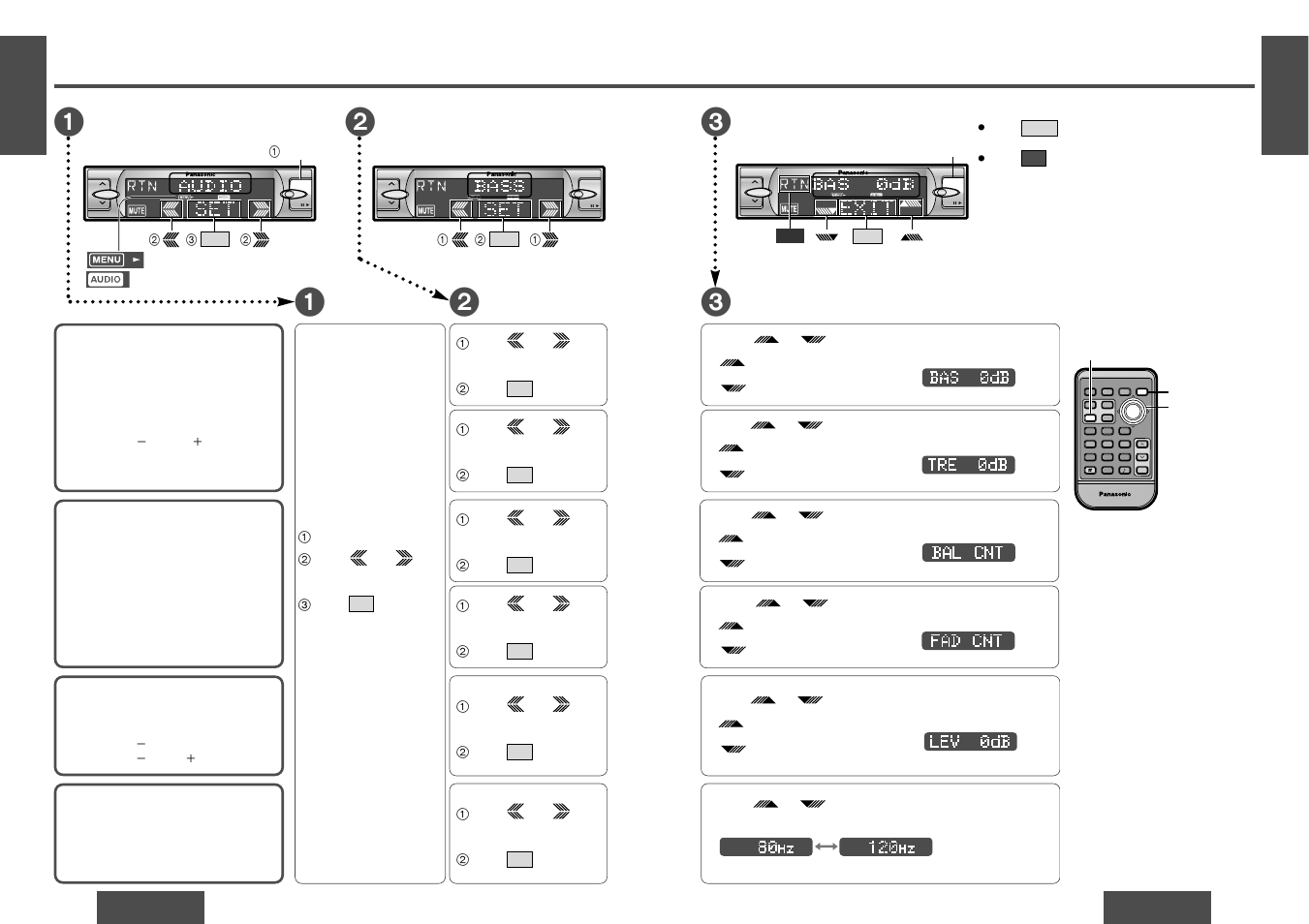 Audio and sound settings [audio, Menu submenu, Setting | Mosfet, Menu, Submenu, Continued) bass and treble, Balance and fader, Subwoofer level, Subwoofer low pass filter | Panasonic CQDF802 User Manual | Page 10 / 12