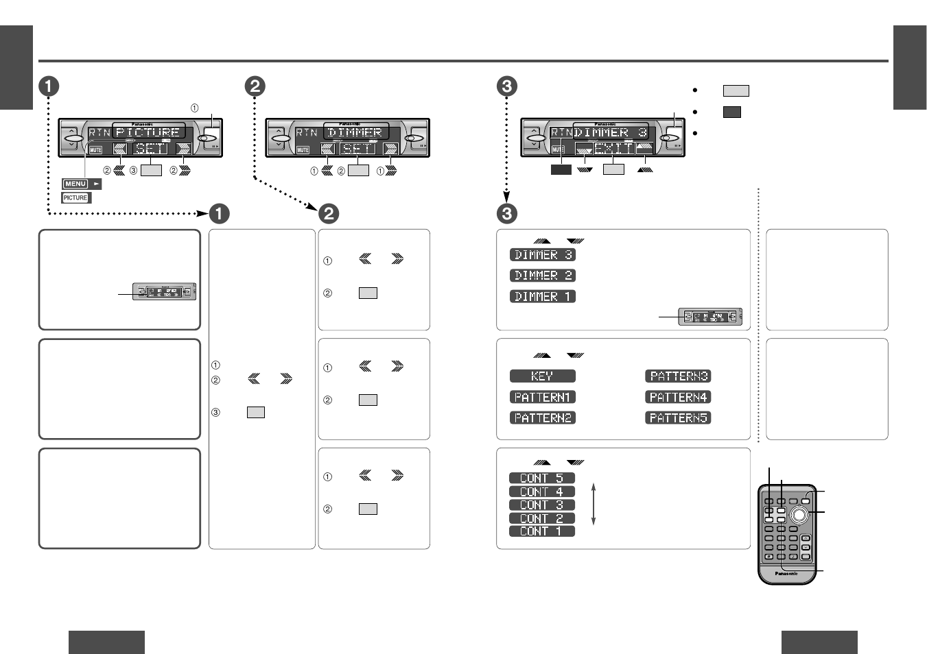 Picture (display) settings [picture, Menu submenu, Setting | Mosfet, Menu, Submenu, Vol menu open band apm/ ; / 1 mosfet 50w x 4, Vol menu open band apm/ ; / 1, Dimmer (display brightness setting range), Spectrum analyzer (s·a) display pattern | Panasonic CQDF802 User Manual | Page 11 / 12