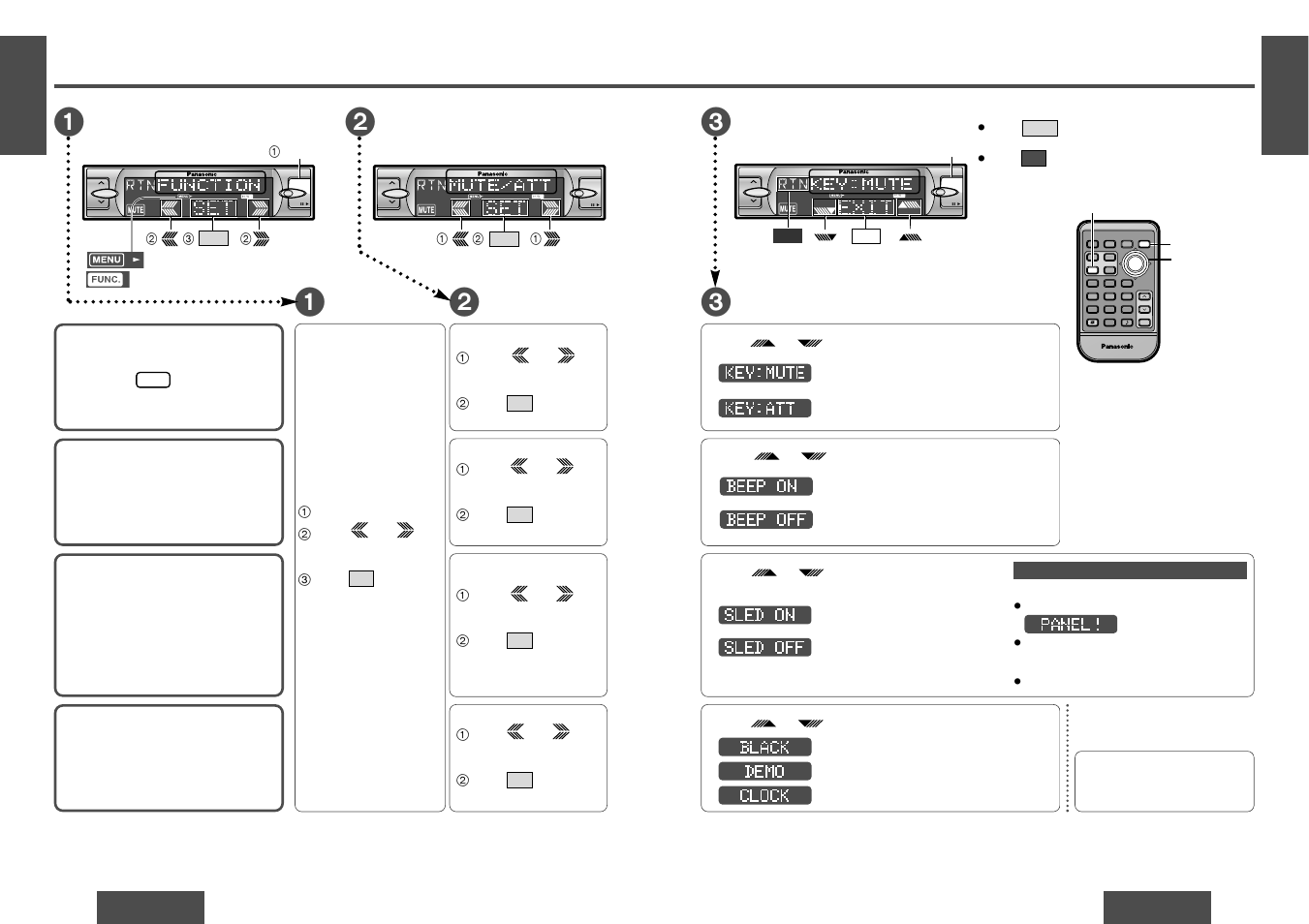 Function settings [function, Menu submenu, Setting | Mosfet, Menu, Submenu, Mute/attenuation, Button operation sound, Security function, Display setting | Panasonic CQDF802 User Manual | Page 12 / 12