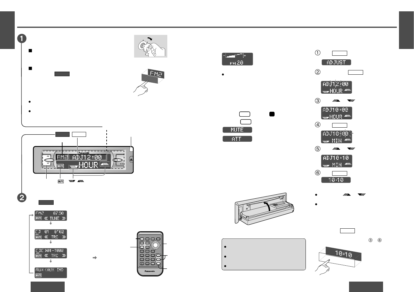 General, Clock basics, Mute/attenuation | Volume, Open/close the front panel, Power, Source, Initial time, Time reset | Panasonic CQDF802 User Manual | Page 3 / 12