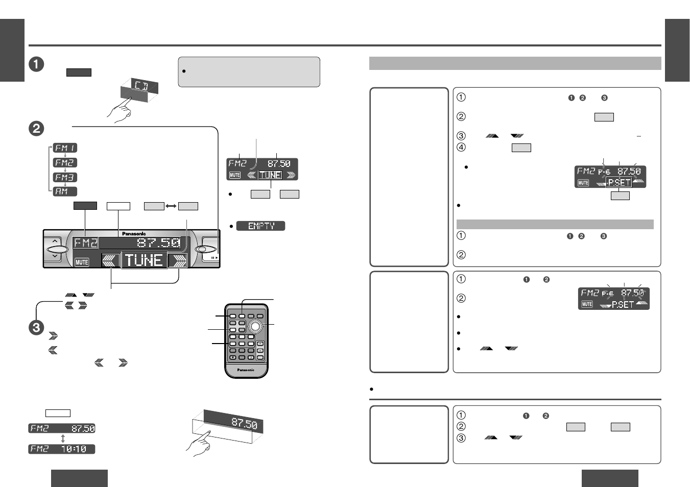 Radio, Band, Radio mode | Tuning, Display change, One-touch selection of a station, Preset station calling 1 | Panasonic CQDF802 User Manual | Page 4 / 12