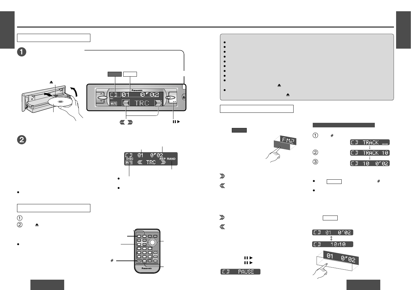 Cd player, Open the front panel, Insert the disc | Disc insert and playback stop and disc eject, Track selection, Pause, Listening to a cd track search, Direct track selection, Display change, Cd player mode | Panasonic CQDF802 User Manual | Page 5 / 12