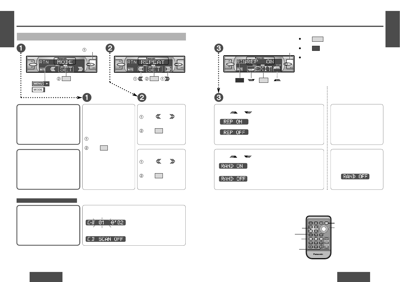 Cd player, Menu setting on cd player mode, Menu submenu setting | Mosfet, Setting, Menu, Submenu, Continued), Random play, Repeat play | Panasonic CQDF802 User Manual | Page 6 / 12