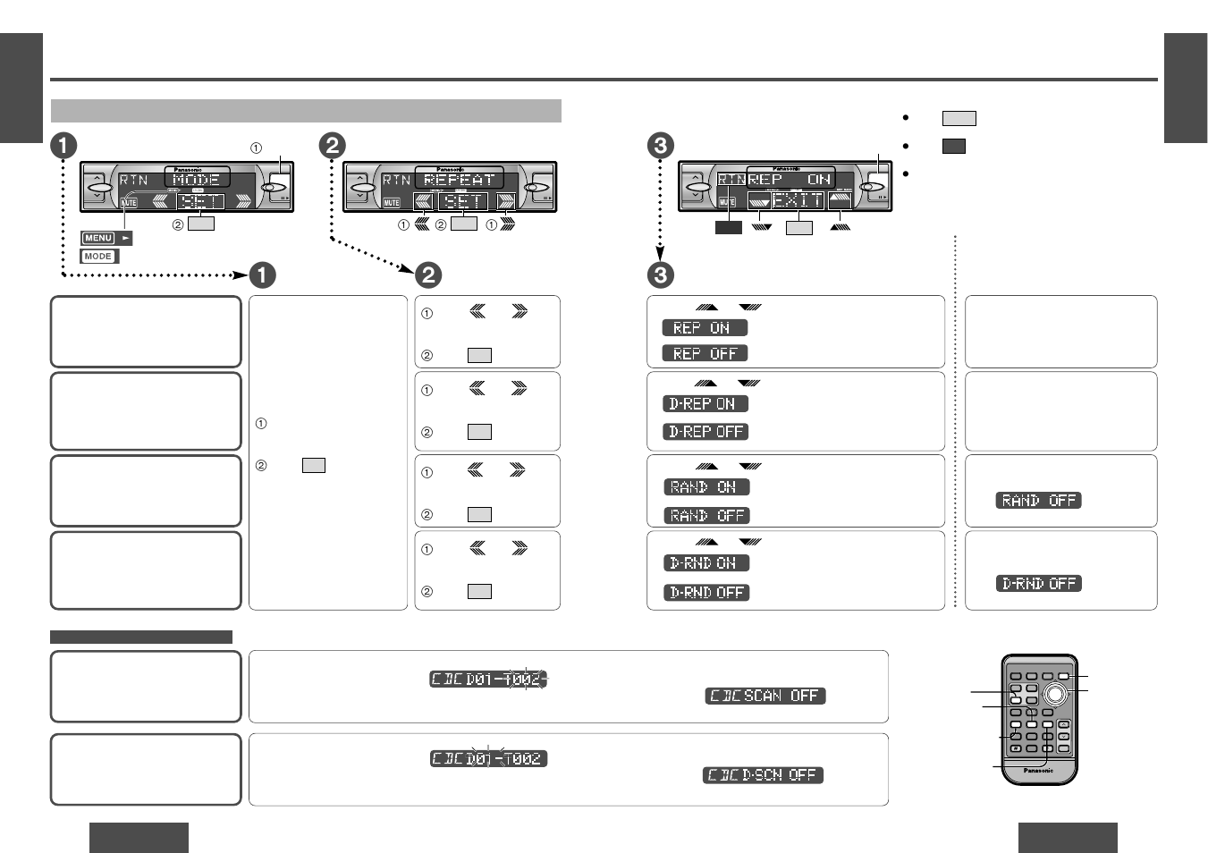 Cd changer control, Menu setting on cd changer mode, Menu submenu | Setting, Mosfet, Menu, Submenu, Continued), Random play, Scan play | Panasonic CQDF802 User Manual | Page 8 / 12