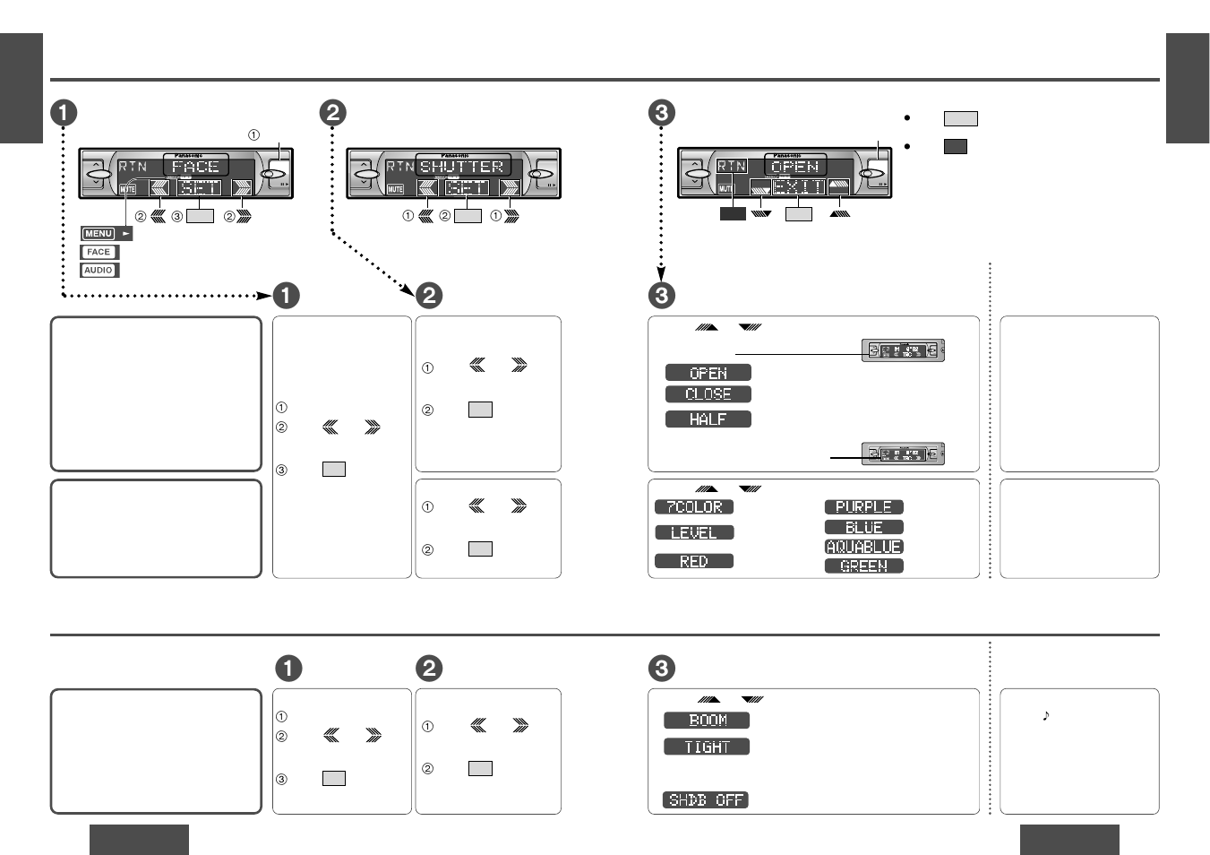 Front panel settings [face, Audio and sound settings [audio, Menu submenu | Setting, Mosfet, Menu, Submenu, Vol menu open band apm/ ; / 1 mosfet 50w x 4, Vol menu open band apm/ ; / 1 | Panasonic CQDF802 User Manual | Page 9 / 12