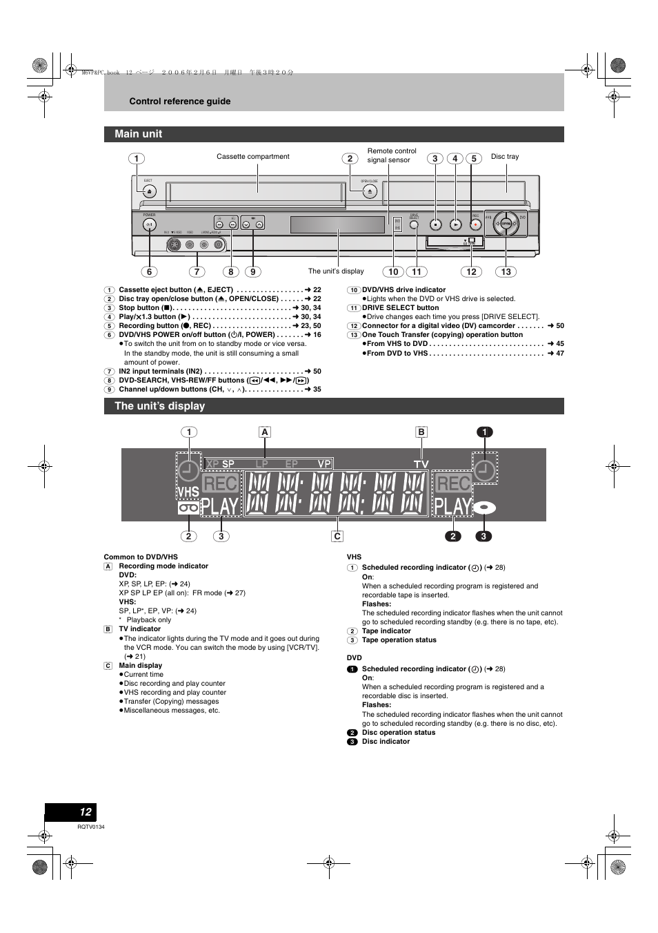 Main unit the unit’s display, Main unit | Panasonic DMR-ES35V User Manual | Page 12 / 80