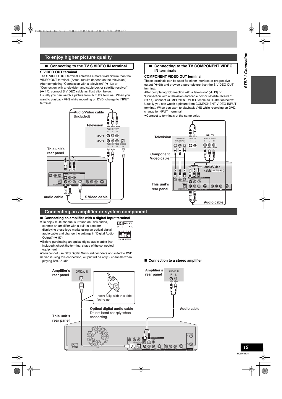 Tput, L 15, Connecting an amplifier or system component | Connecting to the tv s video in terminal, Connecting to the tv component video in terminals, St ep 1 conne c tion, S video out terminal, Component video out terminal, Connection to a stereo amplifier, S video cable television | Panasonic DMR-ES35V User Manual | Page 15 / 80