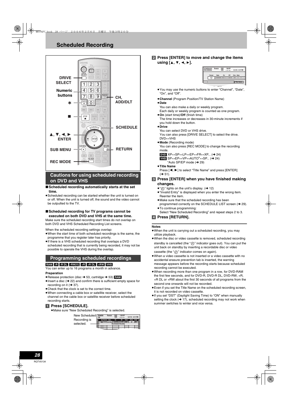 Scheduled recording, Cautions for using scheduled recording on, Dvd and vhs | Programming scheduled recordings, L 28, L 28), 1] press [schedule, 4] press [return, Numeric buttons | Panasonic DMR-ES35V User Manual | Page 28 / 80