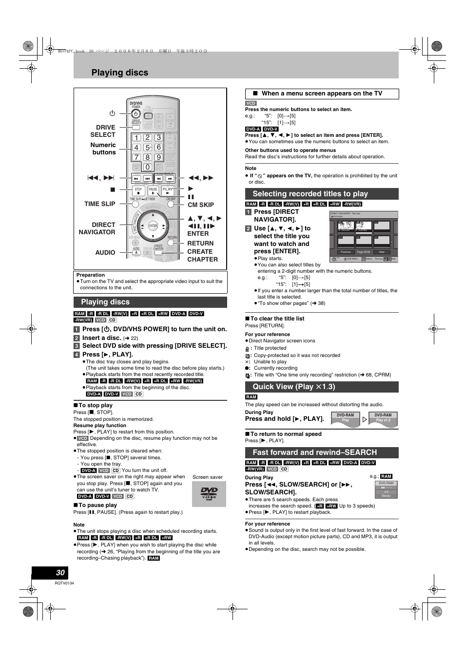 Playing back, Playing discs, Fast forward and rewind | L 30, L 30), Play, 1] press [direct navigator]. [2] use, Press and hold, Press, Slow/search] or | Panasonic DMR-ES35V User Manual | Page 30 / 80