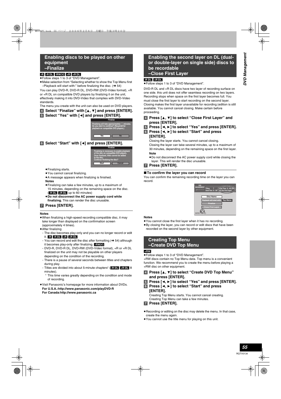 Enab, Creating top menu, Create dvd top menu | L 55). y, L 55, L 55) | Panasonic DMR-ES35V User Manual | Page 55 / 80