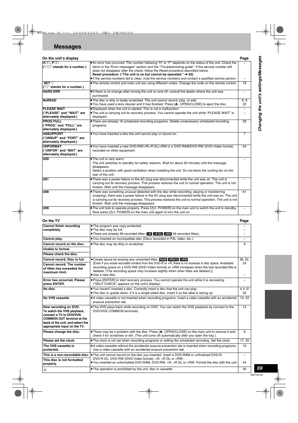 Reference, Messages | Panasonic DMR-ES35V User Manual | Page 59 / 80